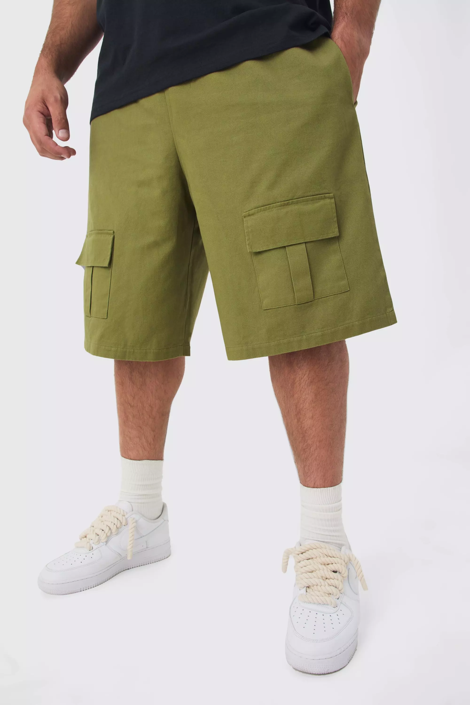 Plus Front Pocket Twill Overdyed Cargo Jort Khaki