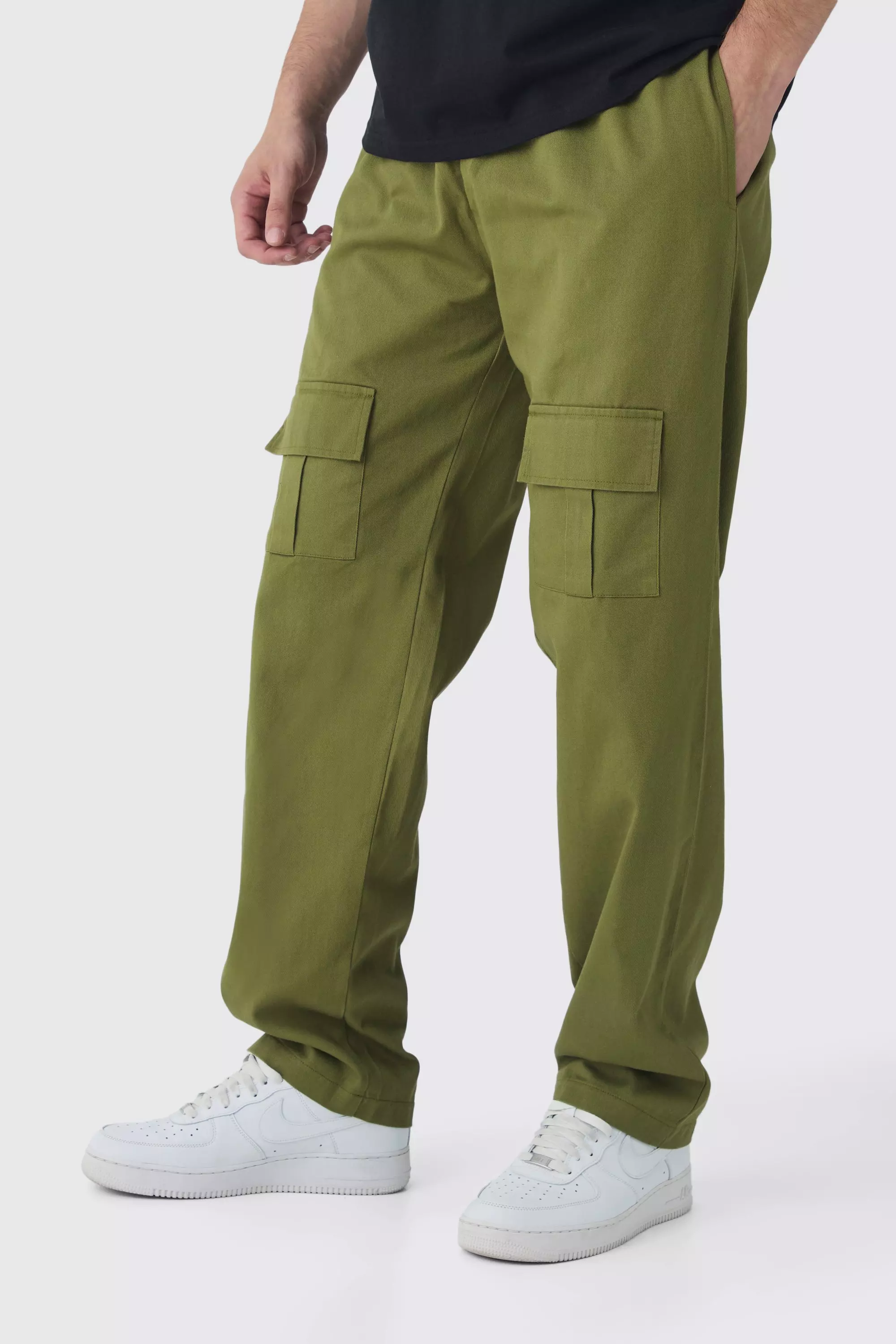 Khaki Tall Straight Fit Front Pocket Twill Overdyed Cargo Pants