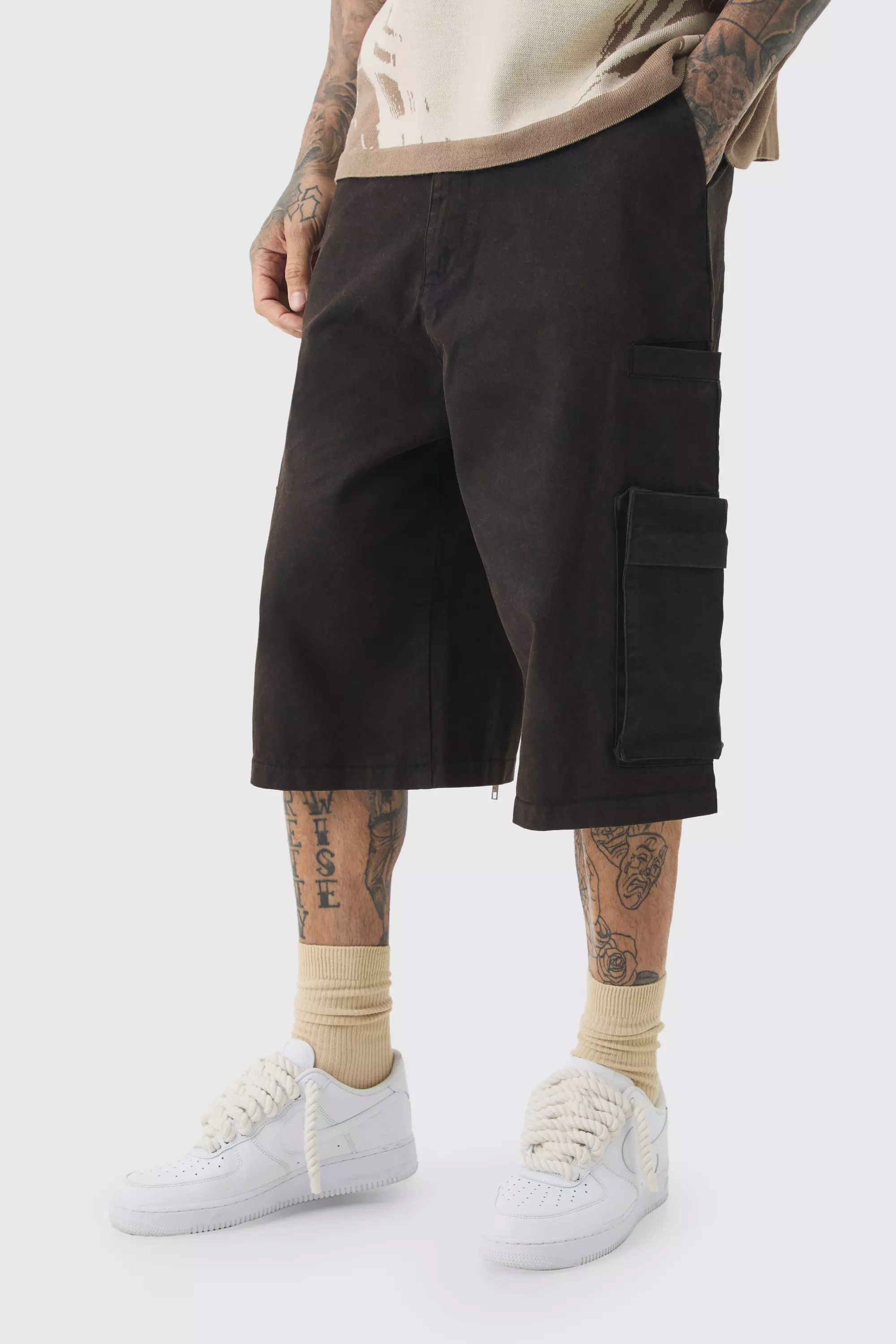 Black Tall Zip Detail Acid Wash Twill Longline Shorts alternative image