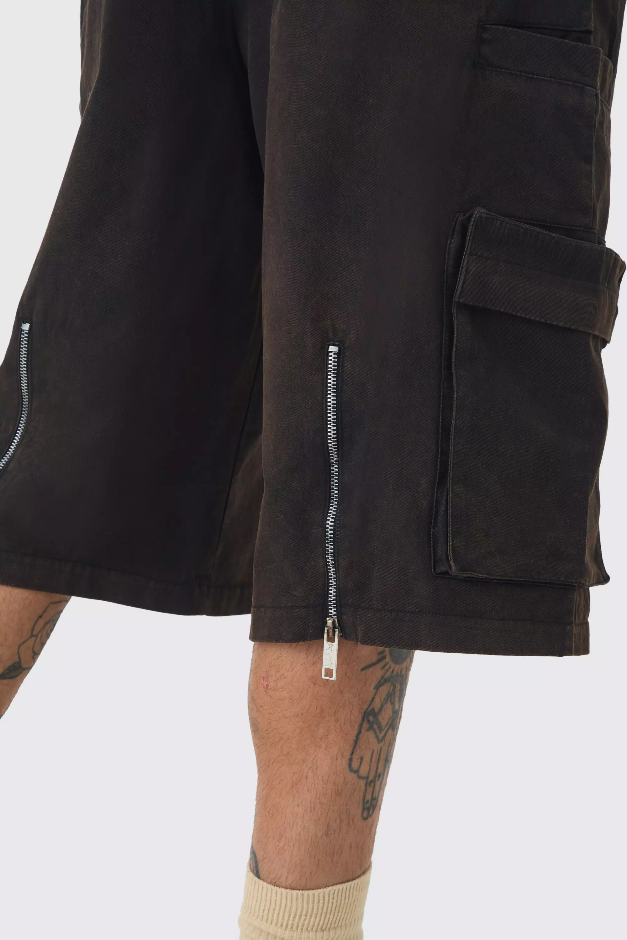 Black Tall Zip Detail Acid Wash Twill Longline Shorts alternative image