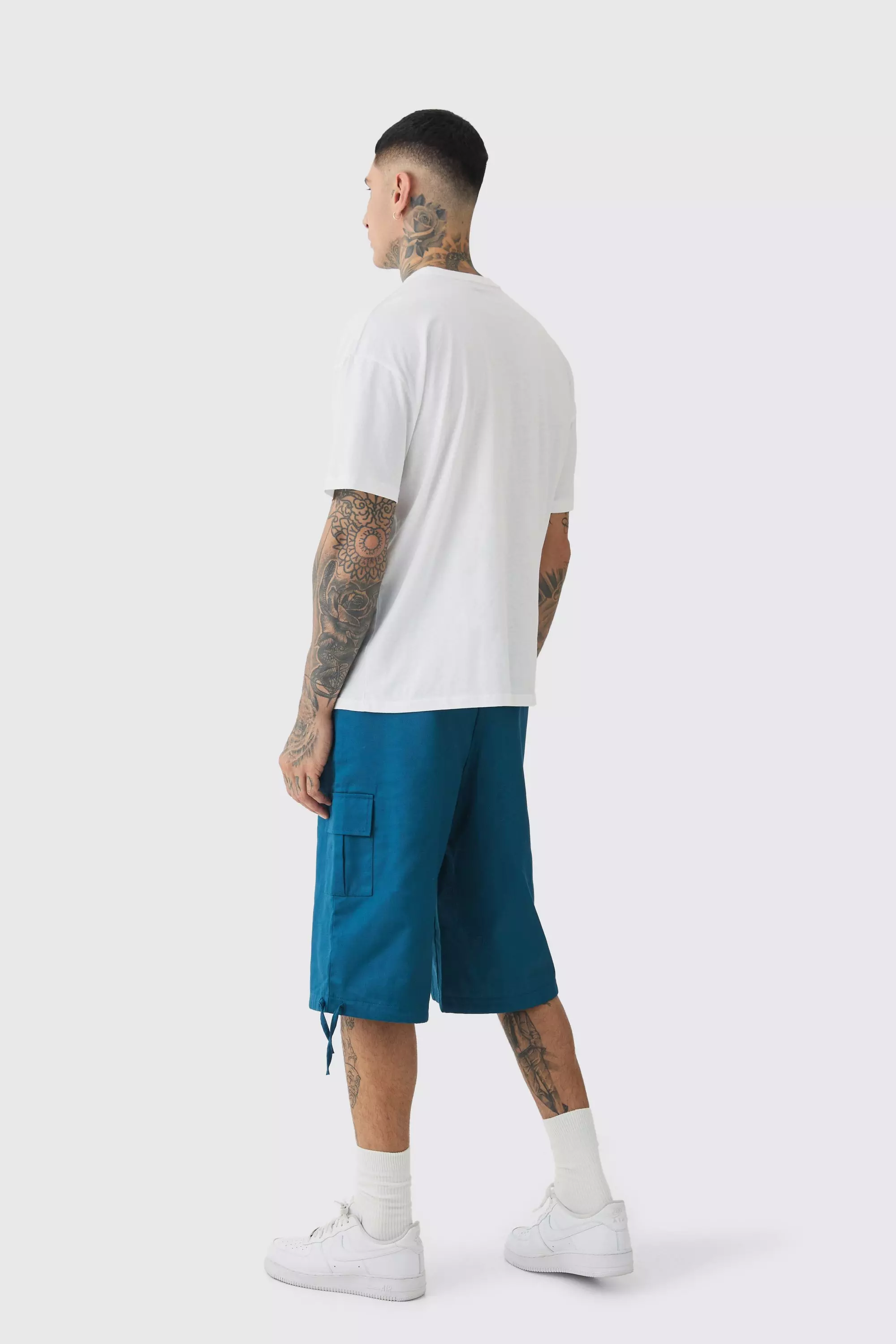 Navy Tall Fixed Waistband Twill Cargo Jort alternative image