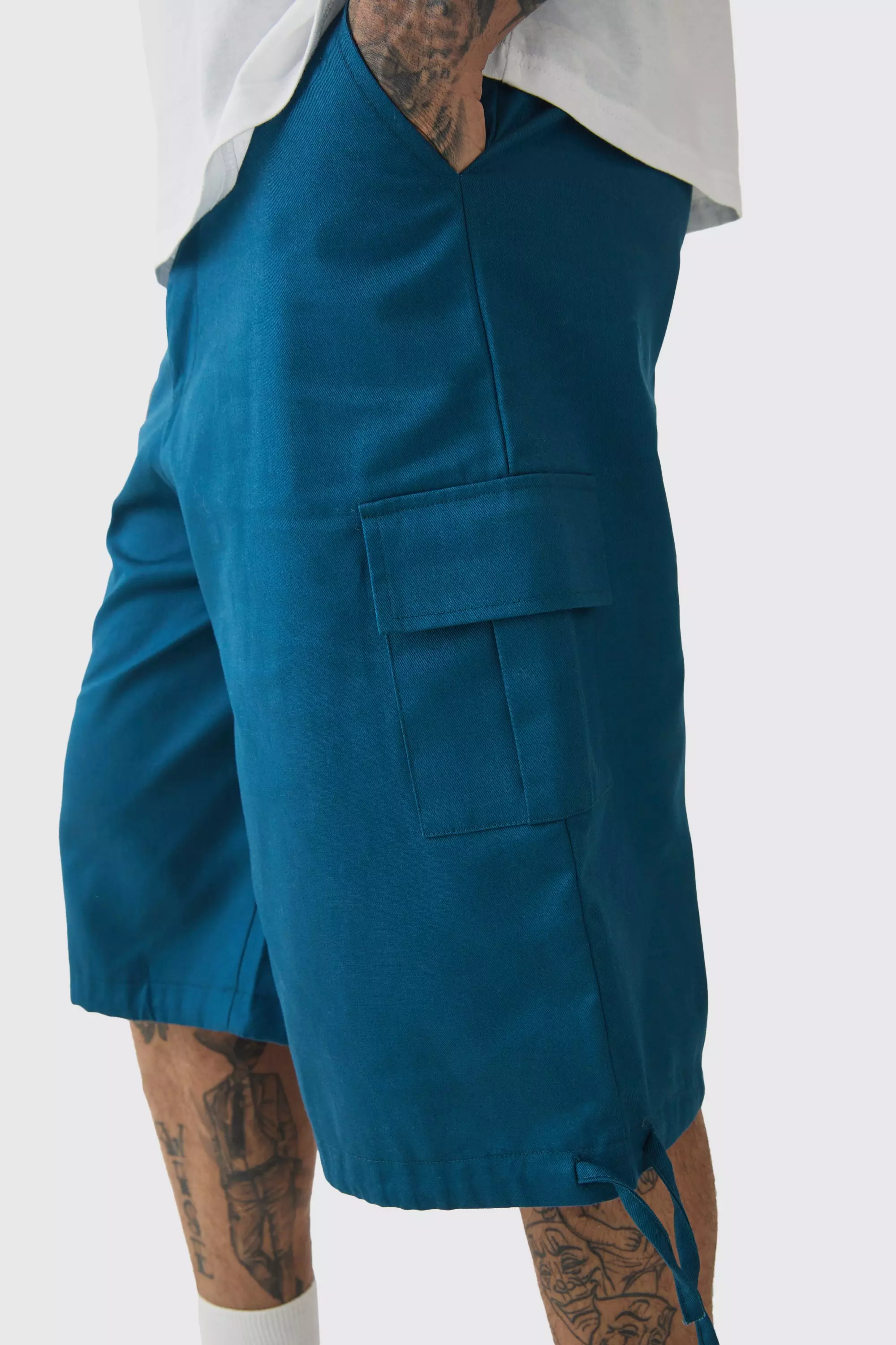 Navy Tall Fixed Waistband Twill Cargo Jort alternative image