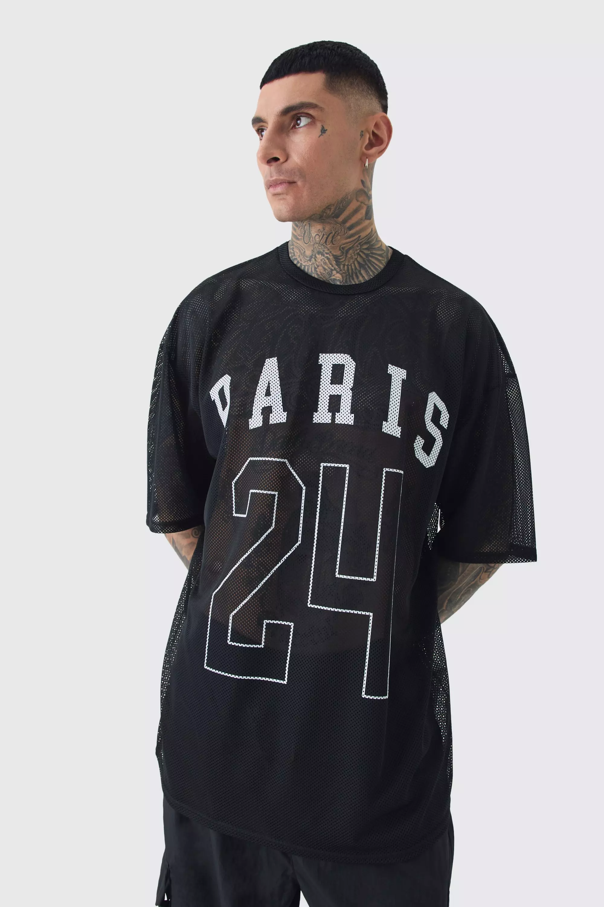 Tall Paris Printed Mesh Basketball T-shirt In Black Black