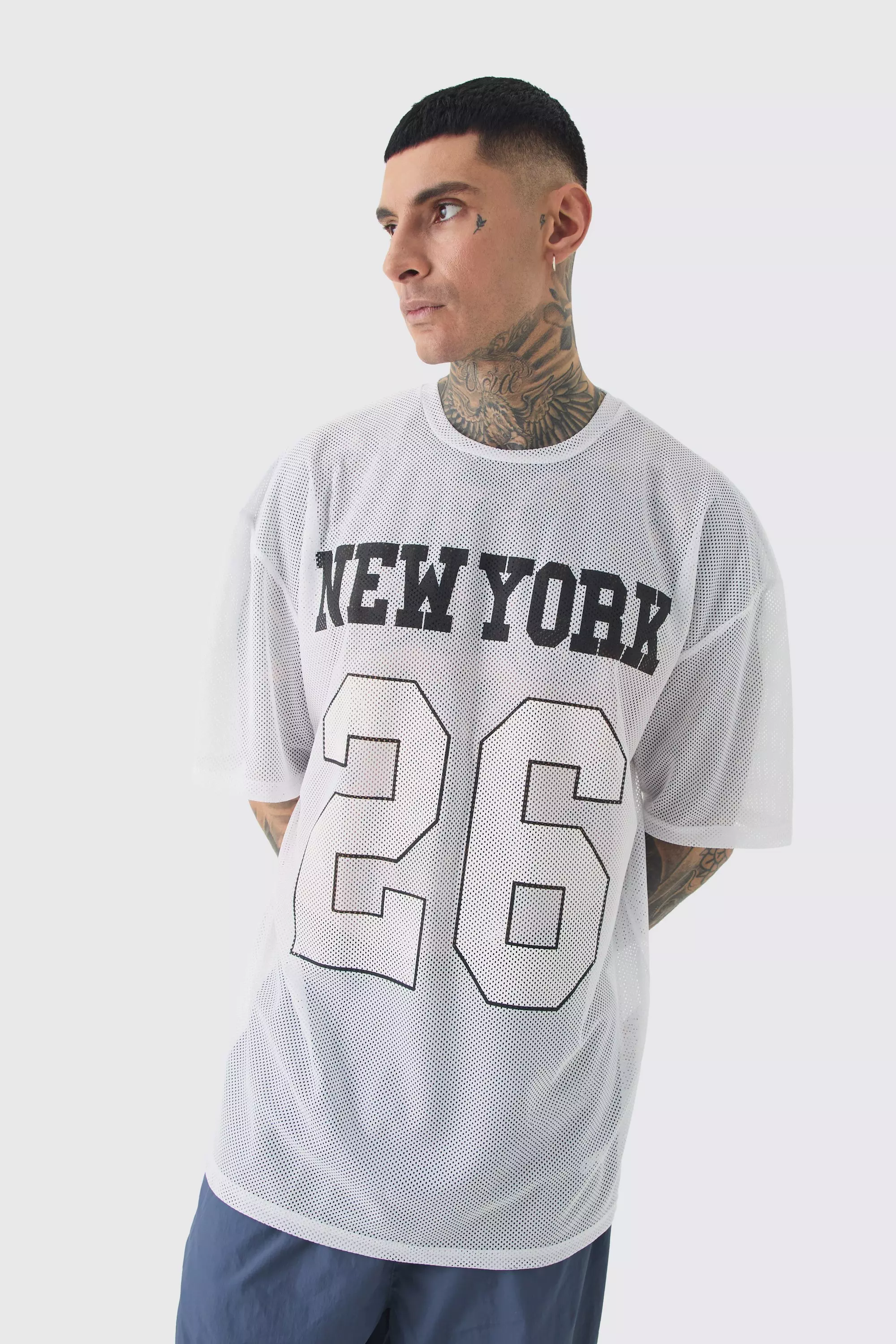 Tall New York Printed Mesh Basketball T-shirt In White White
