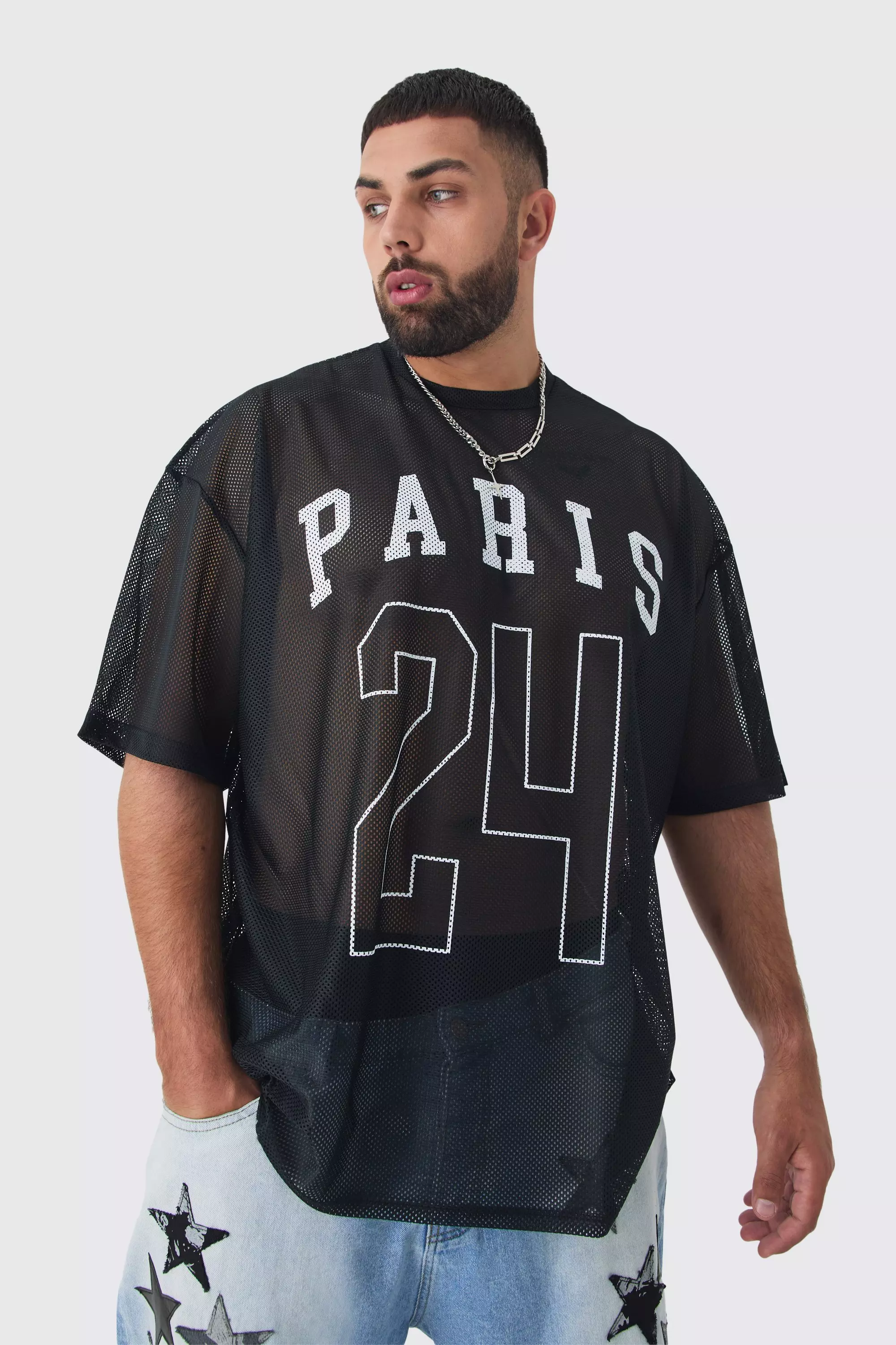 Plus Paris Printed Mesh Basketball T-shirt In Black Black
