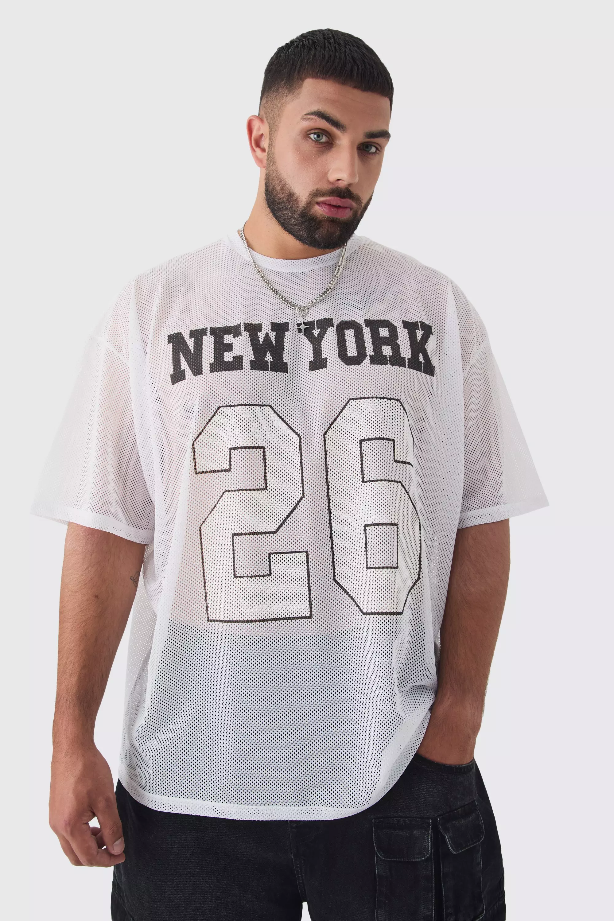 Plus New York Printed Mesh Basketball T-shirt In White White