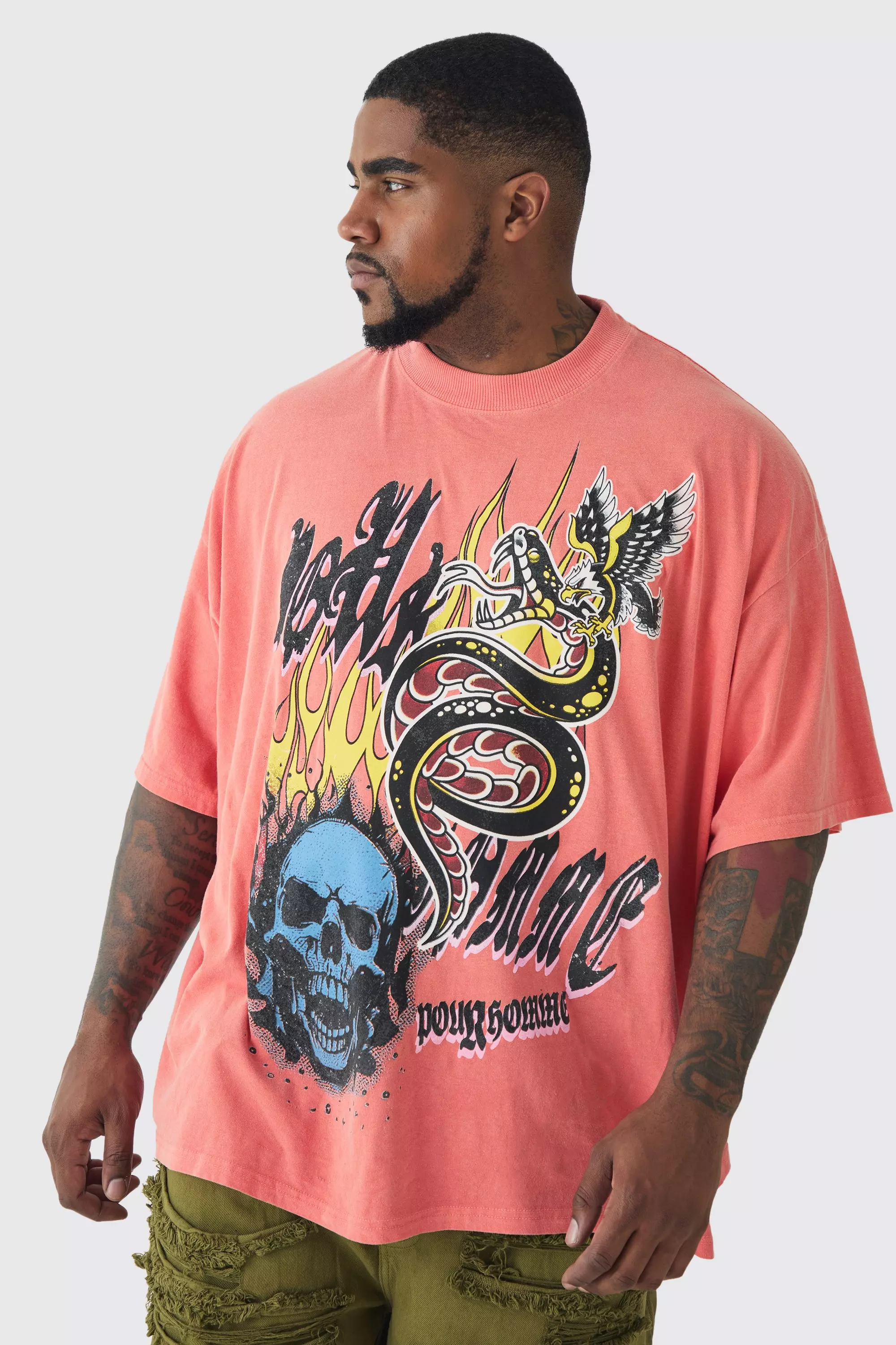 Pink Plus Doodle Skull Homme Graphic T-shirt In Coral