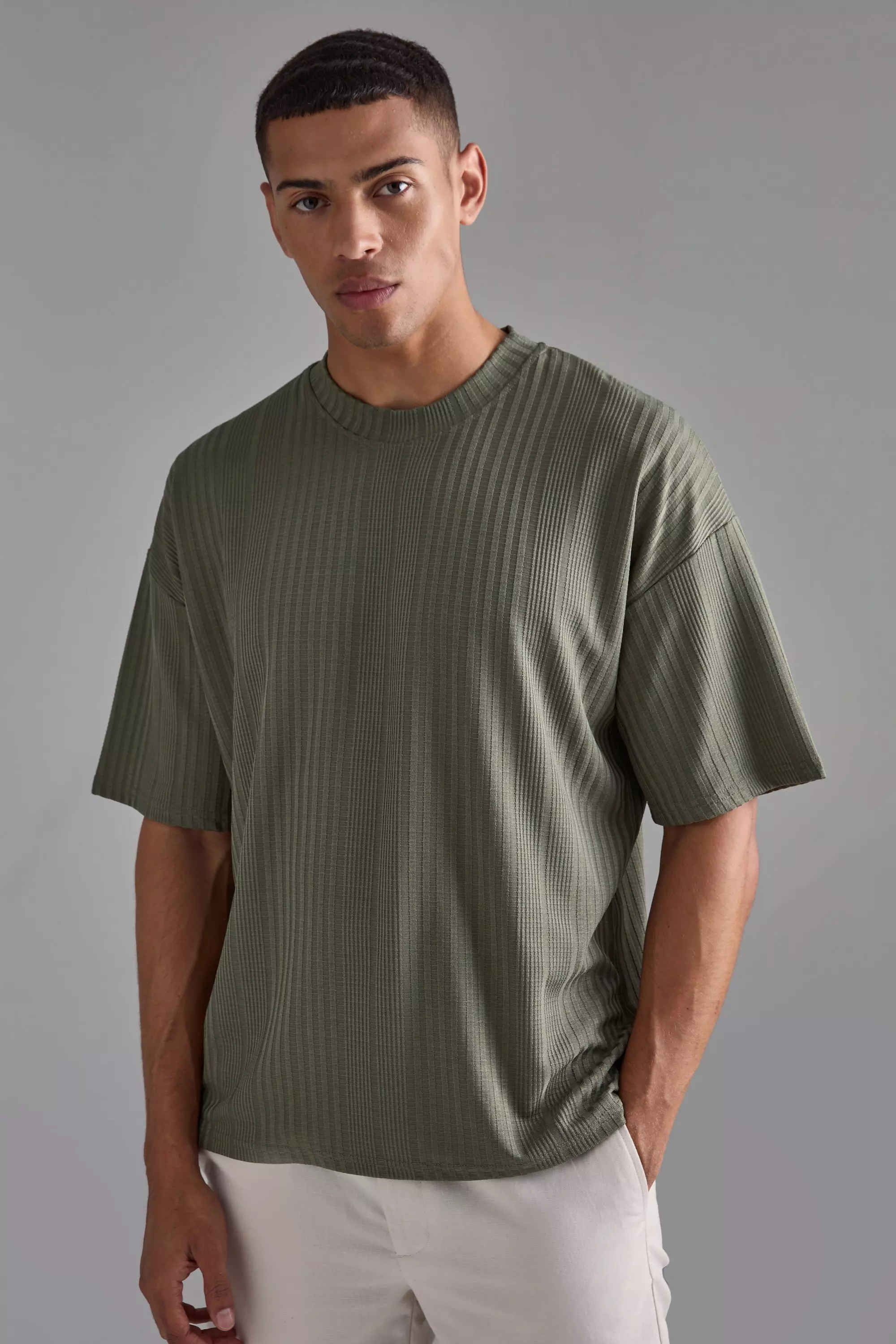 Khaki Oversized Textured T-shirt