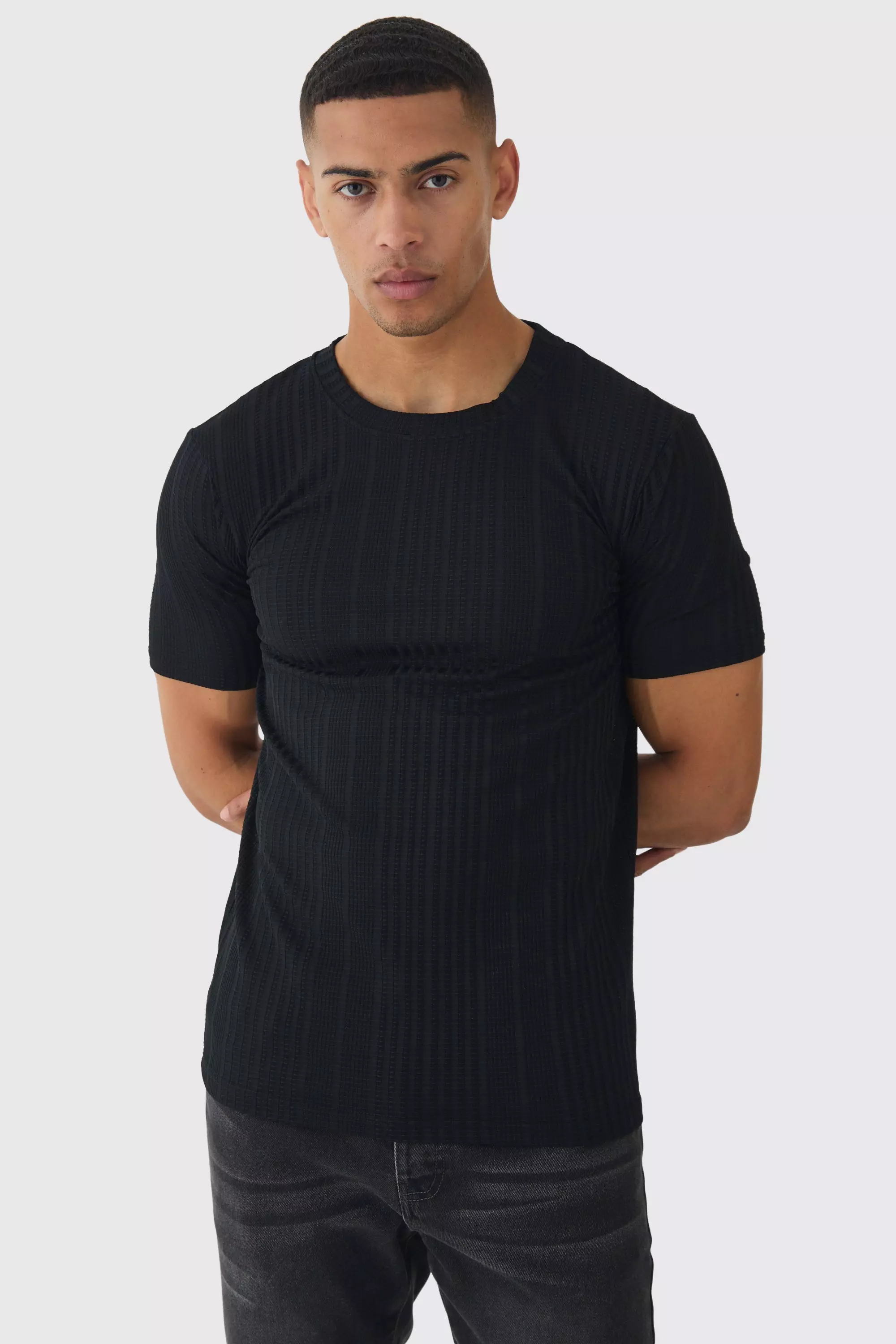 Black Slim Fit T-Shirt Met Textuur alternatieve afbeelding