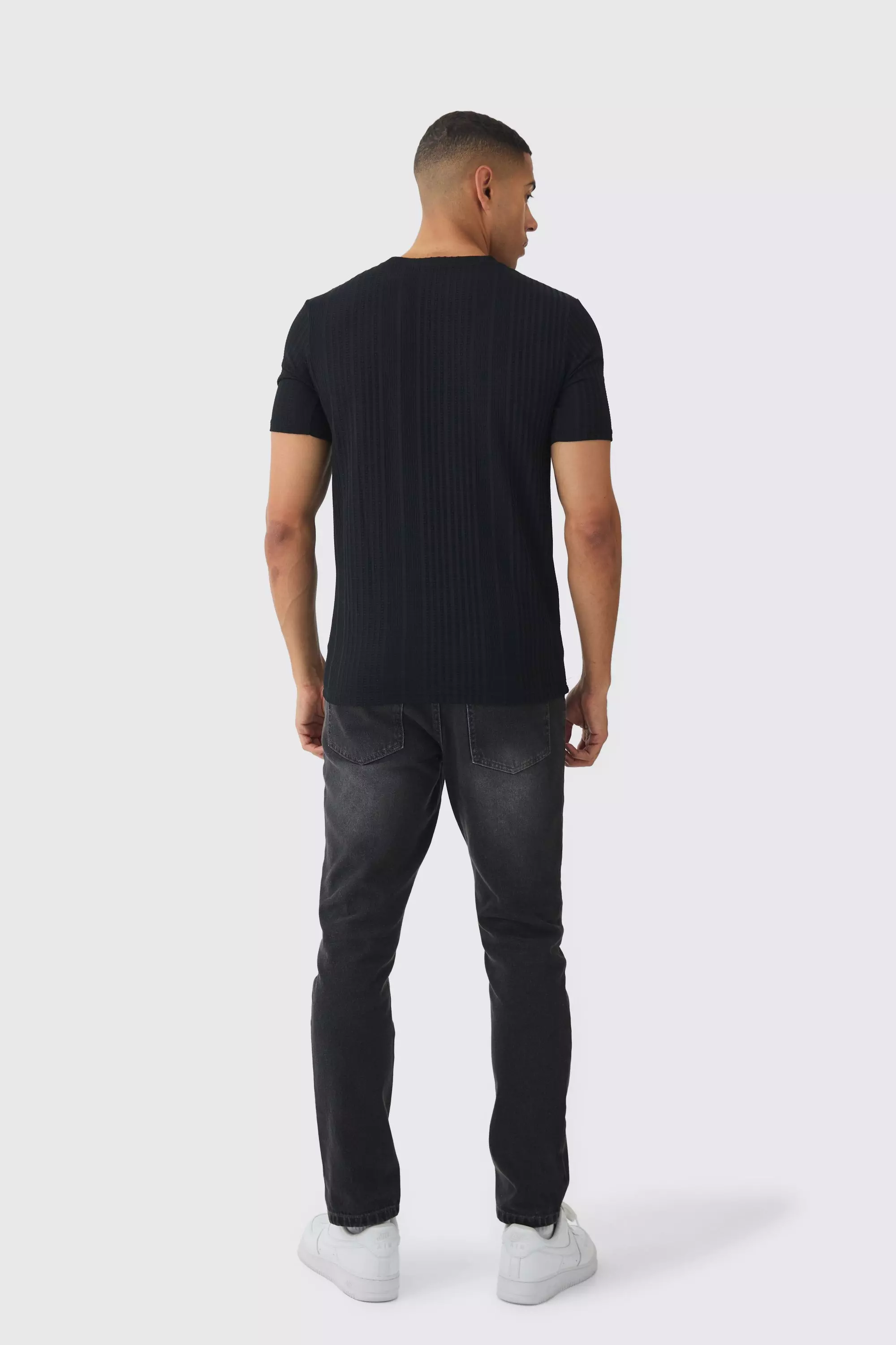 Black Slim Fit T-Shirt Met Textuur alternatieve afbeelding