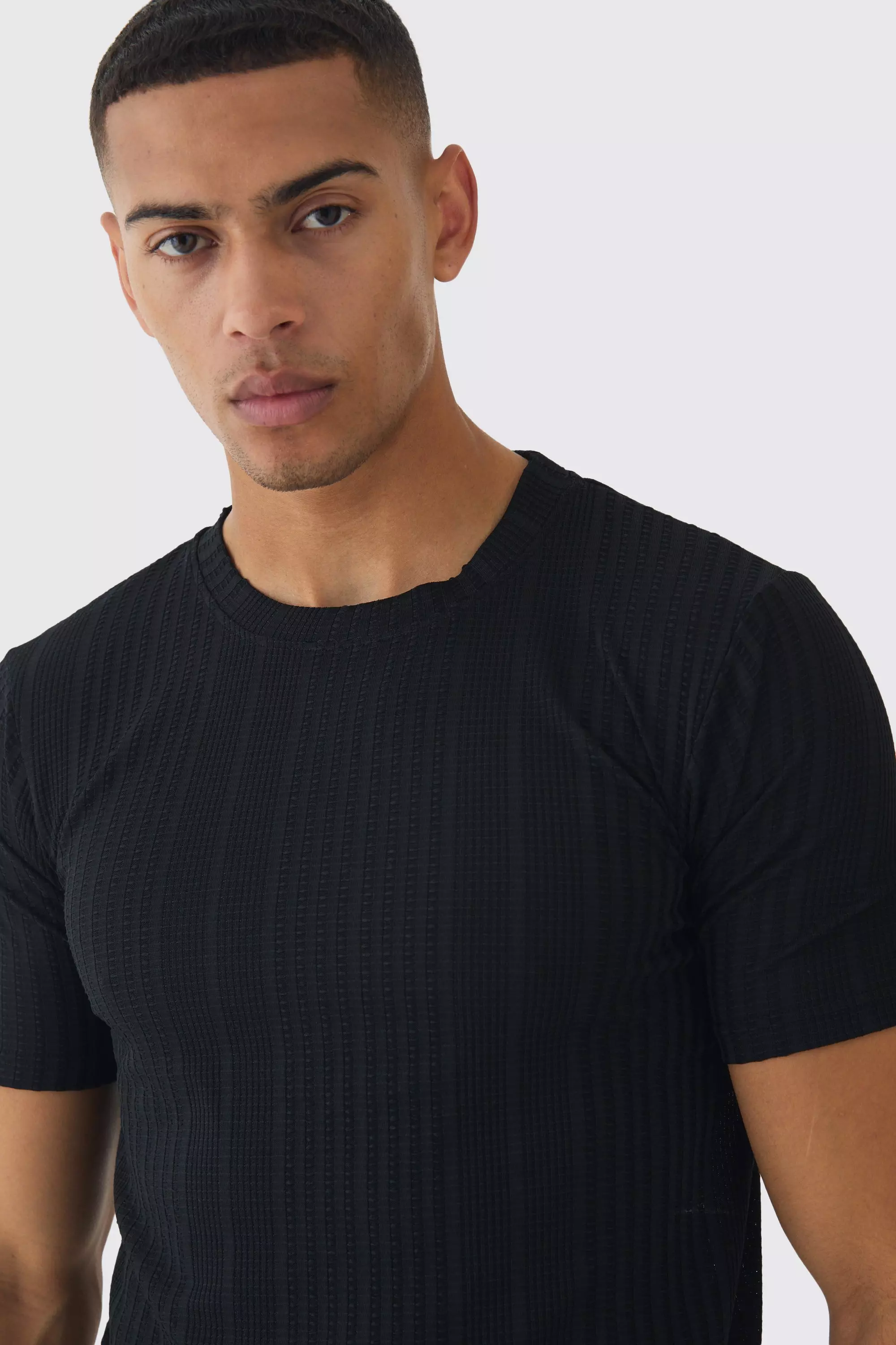 Black Slim Fit T-Shirt Met Textuur alternatieve afbeelding