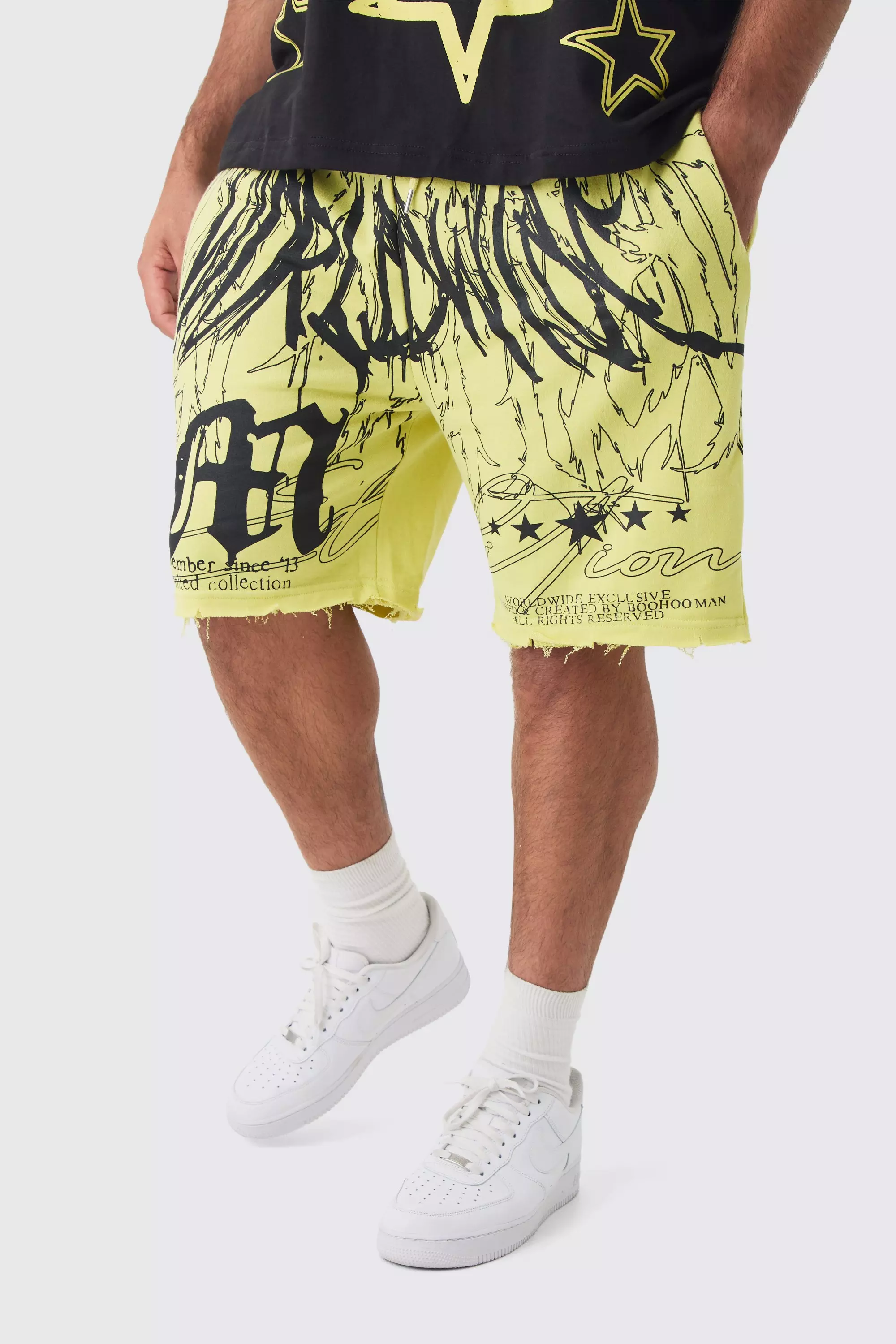 Yellow Plus Loose Fit Worldwide Graphic Distressed Shorts