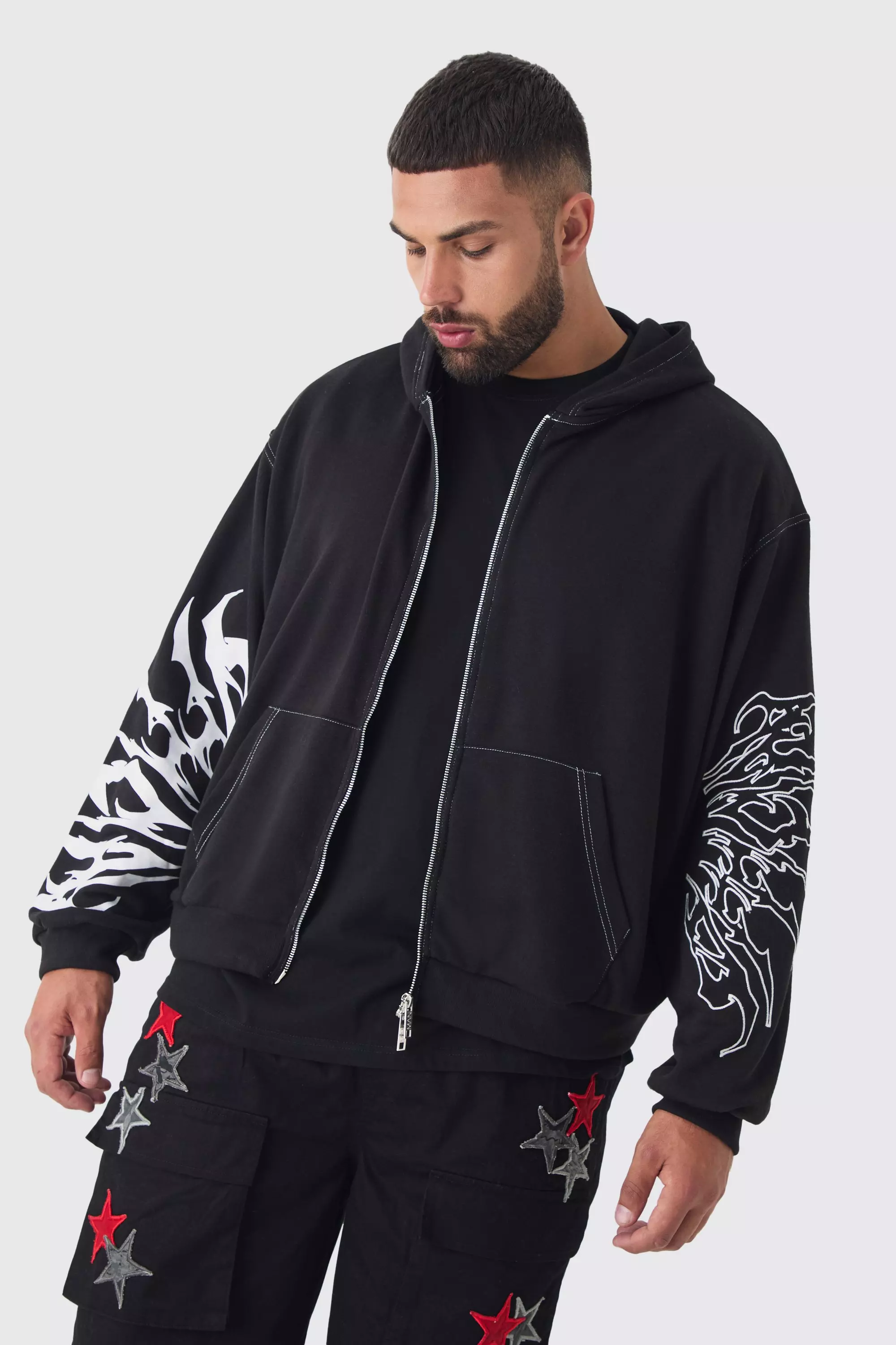 Plus Boxy Oversized Embroidery Hoodie boohooMAN USA