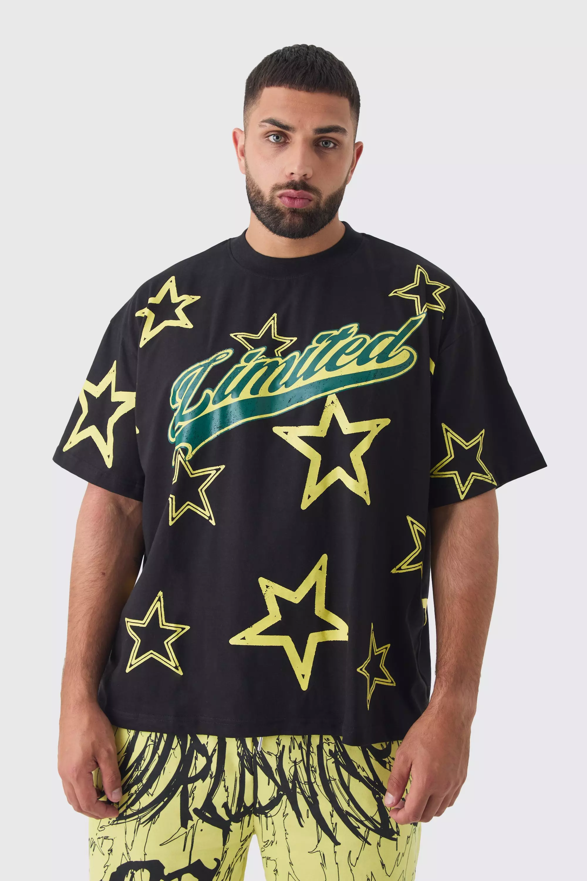 Black Plus Oversized Extended Neck Limited Star Print T-shirt