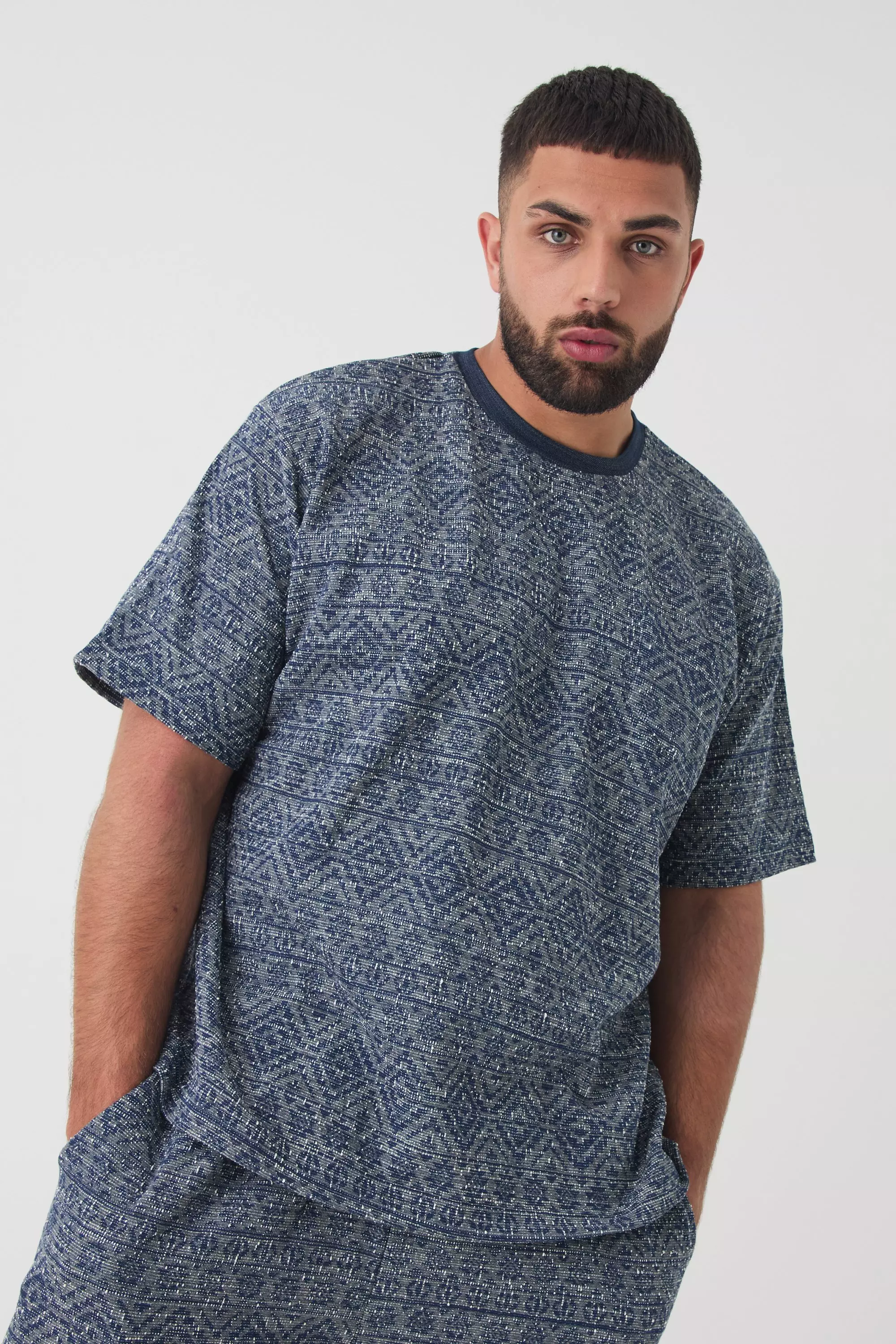 Plus Oversized Jacquard Abstract T-shirt Navy