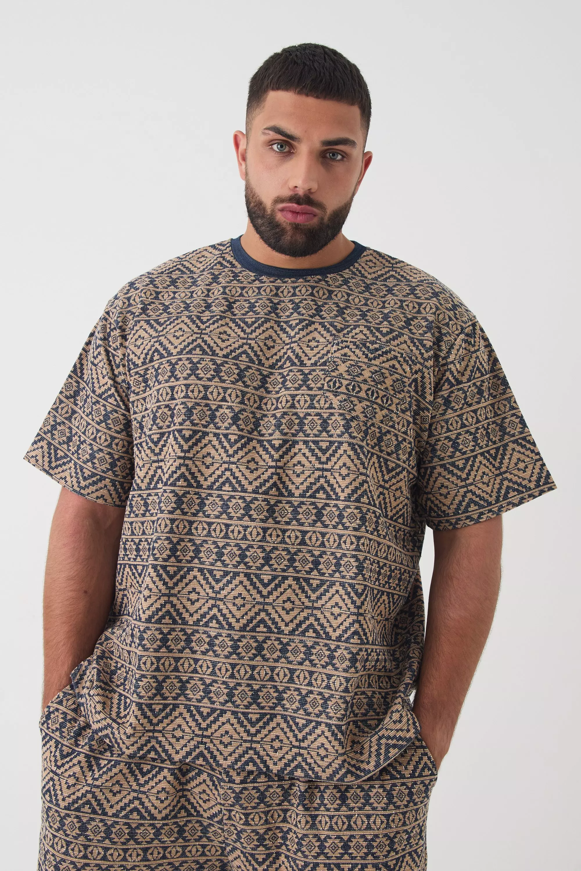 Plus Oversized Jacquard Abstract T-shirt Stone