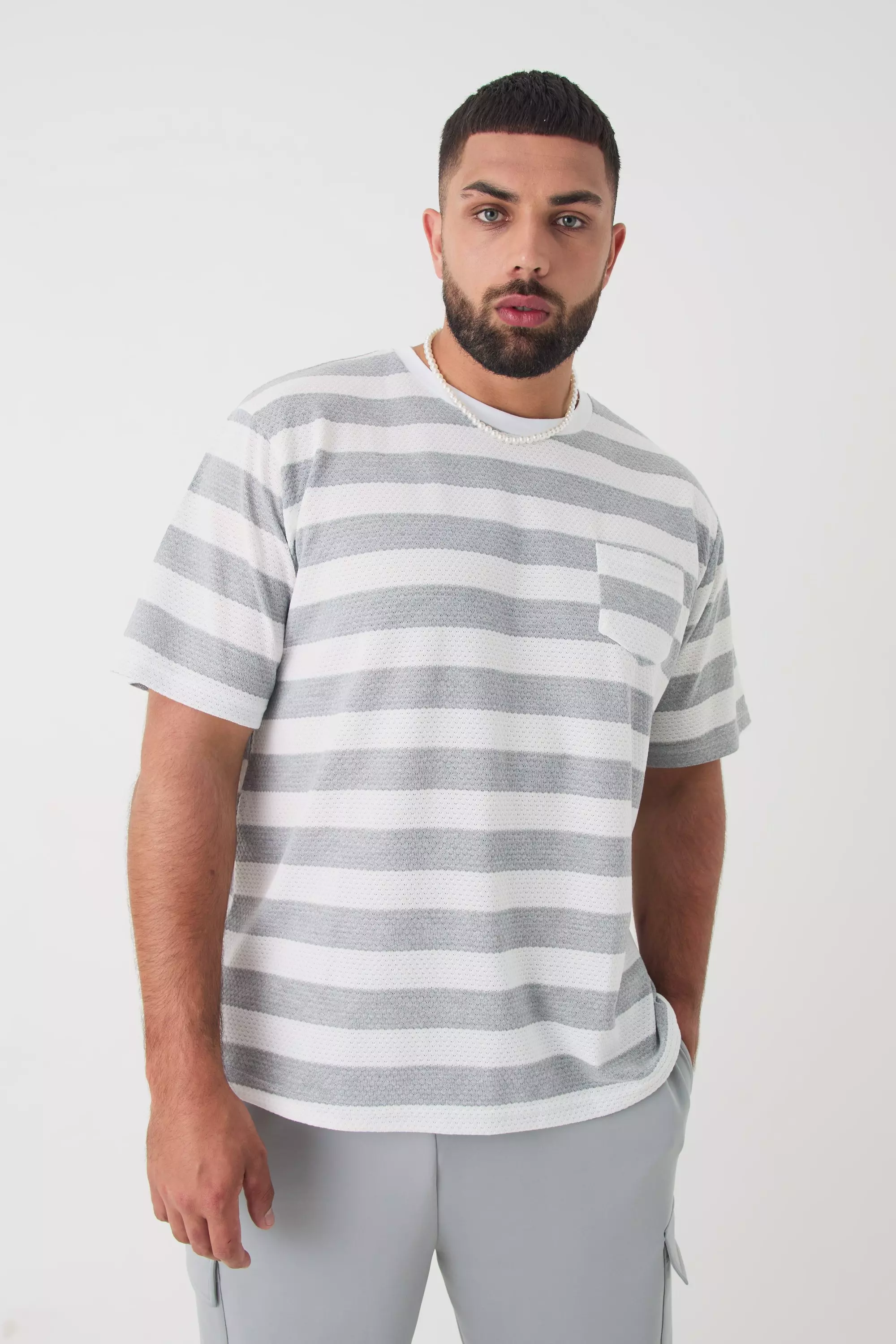 Grey Plus Oversized Textured Stripe T-shirt