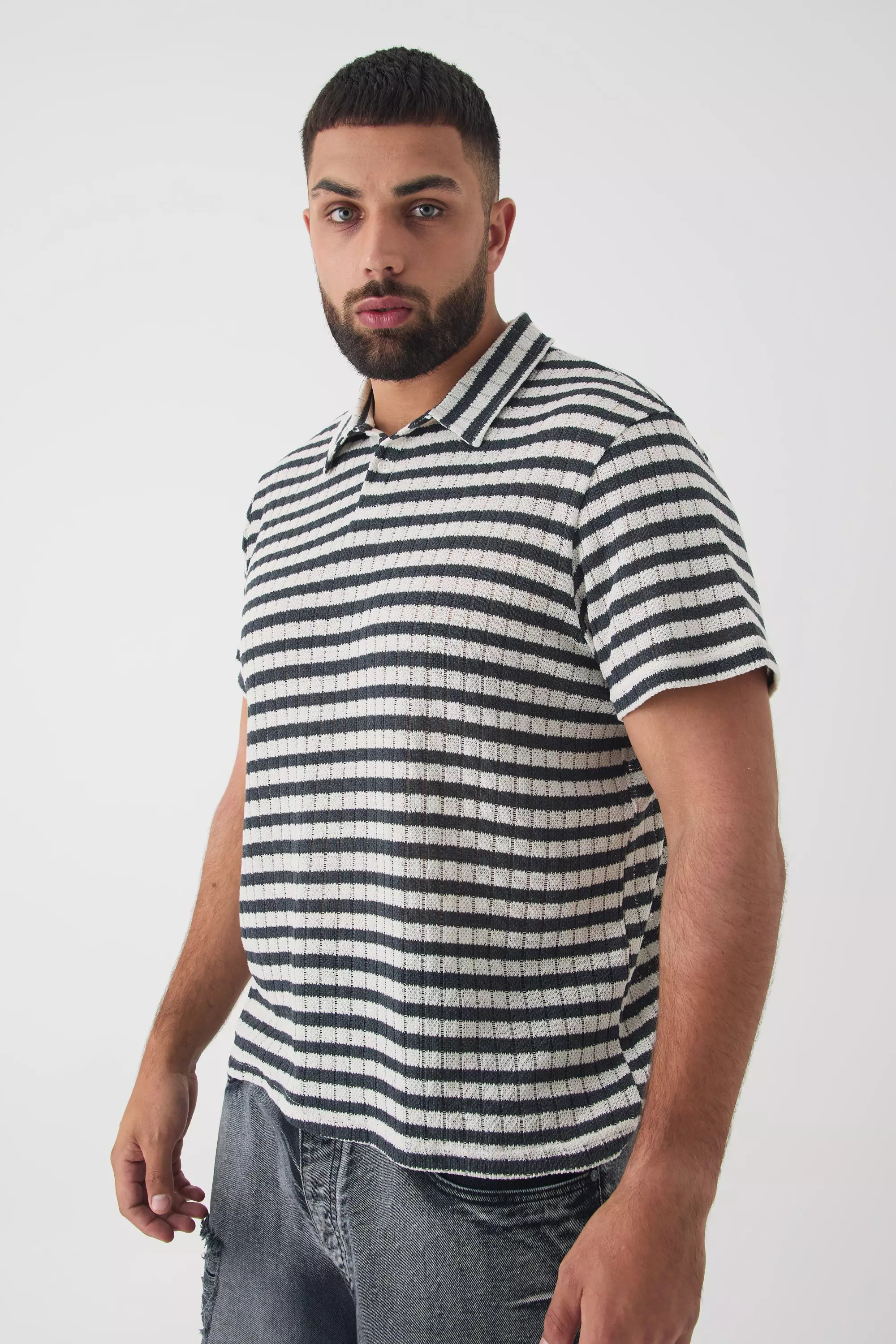 Grande taille - Polo rayé texturé, Charcoal autre image
