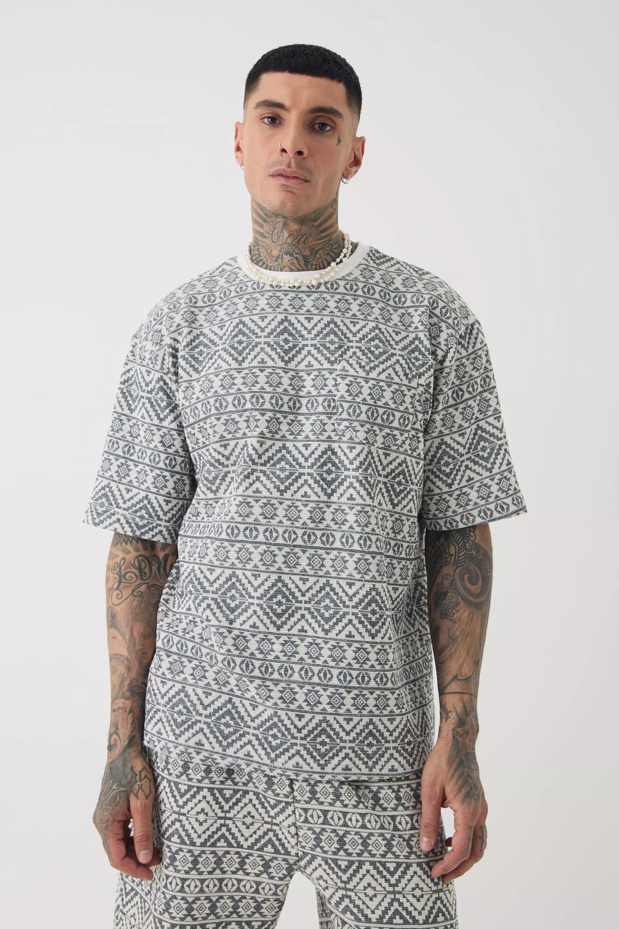 Tall Oversized Jacquard Abstract T-shirt Grey