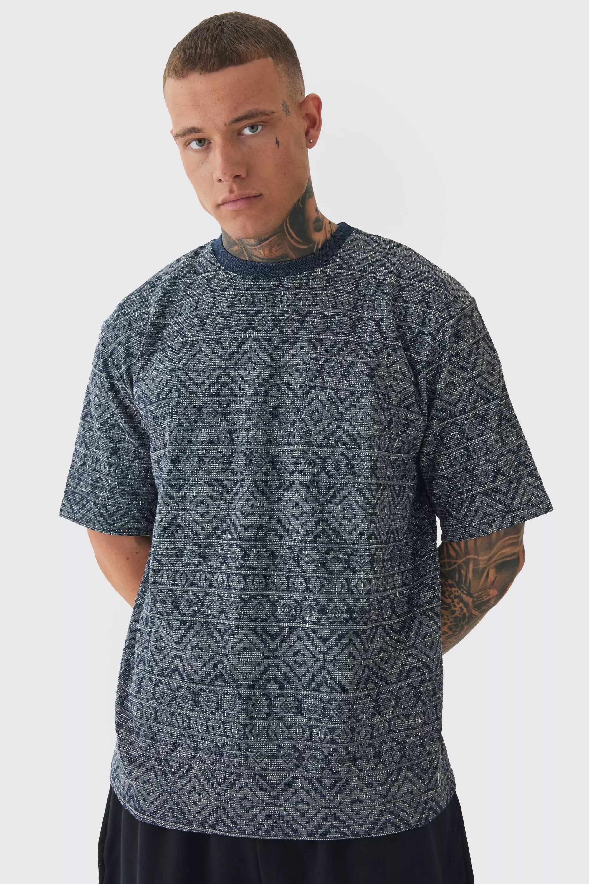 Navy Tall Oversized Jacquard Abstract T-shirt