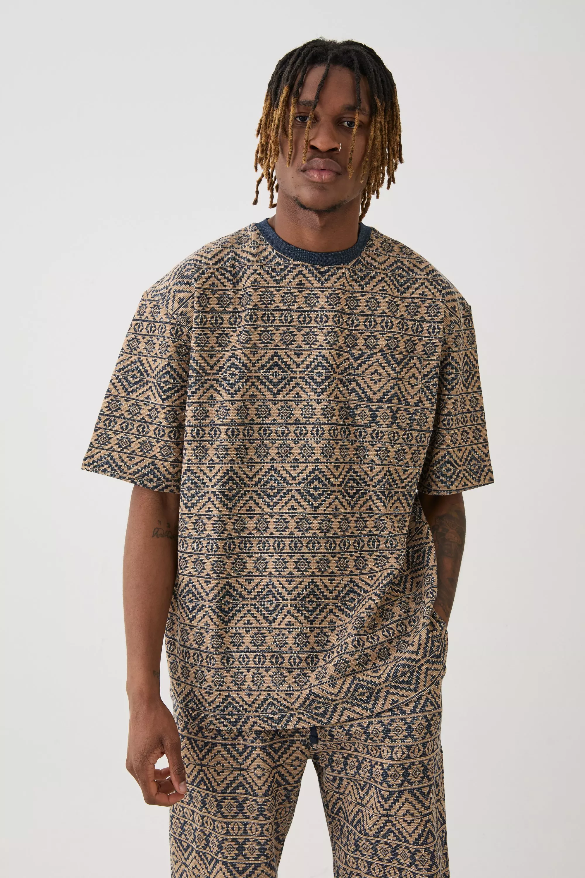 Tall Oversized Jacquard Abstract T-shirt Stone