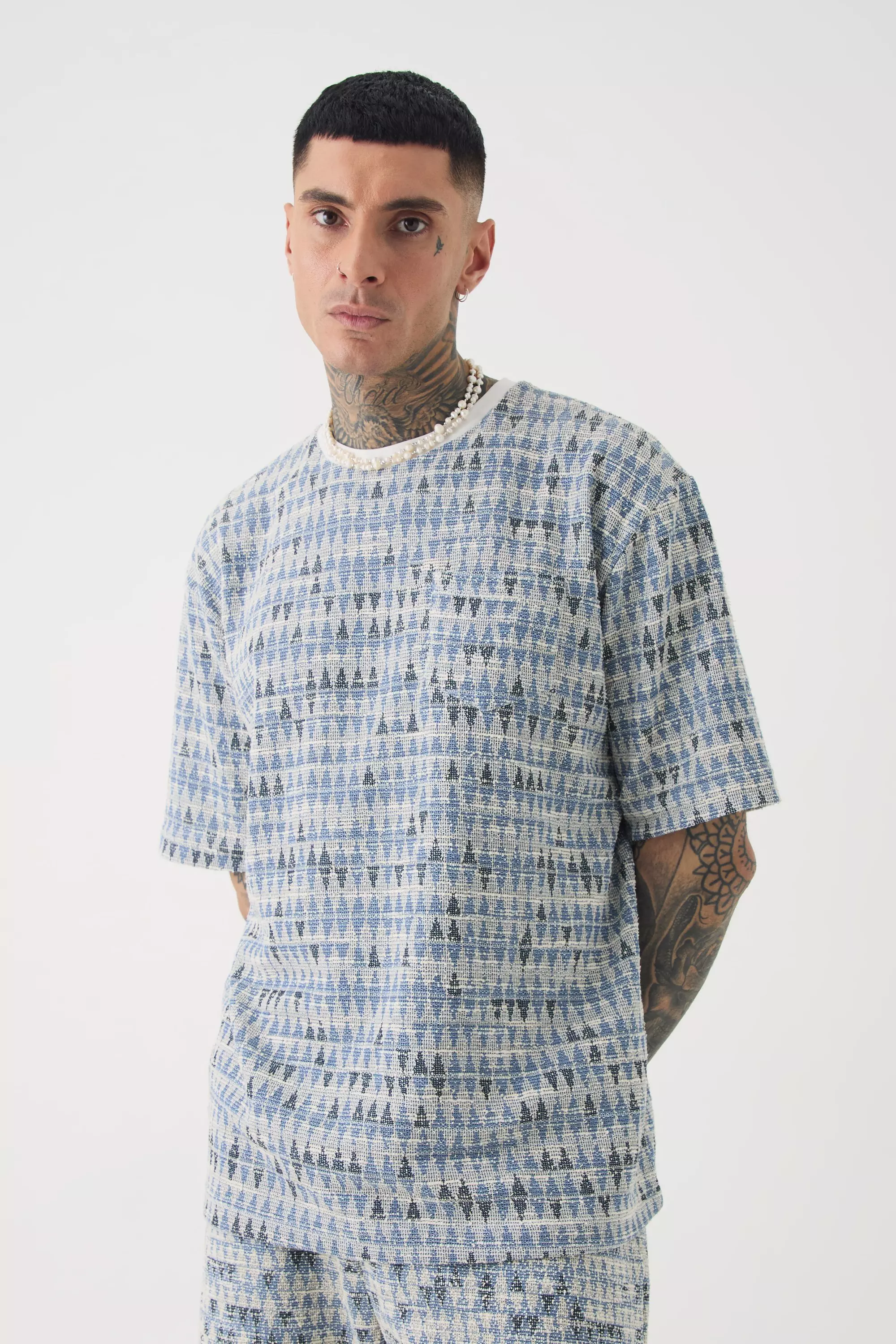 Blue Tall Oversized Jacquard Geo T-shirt