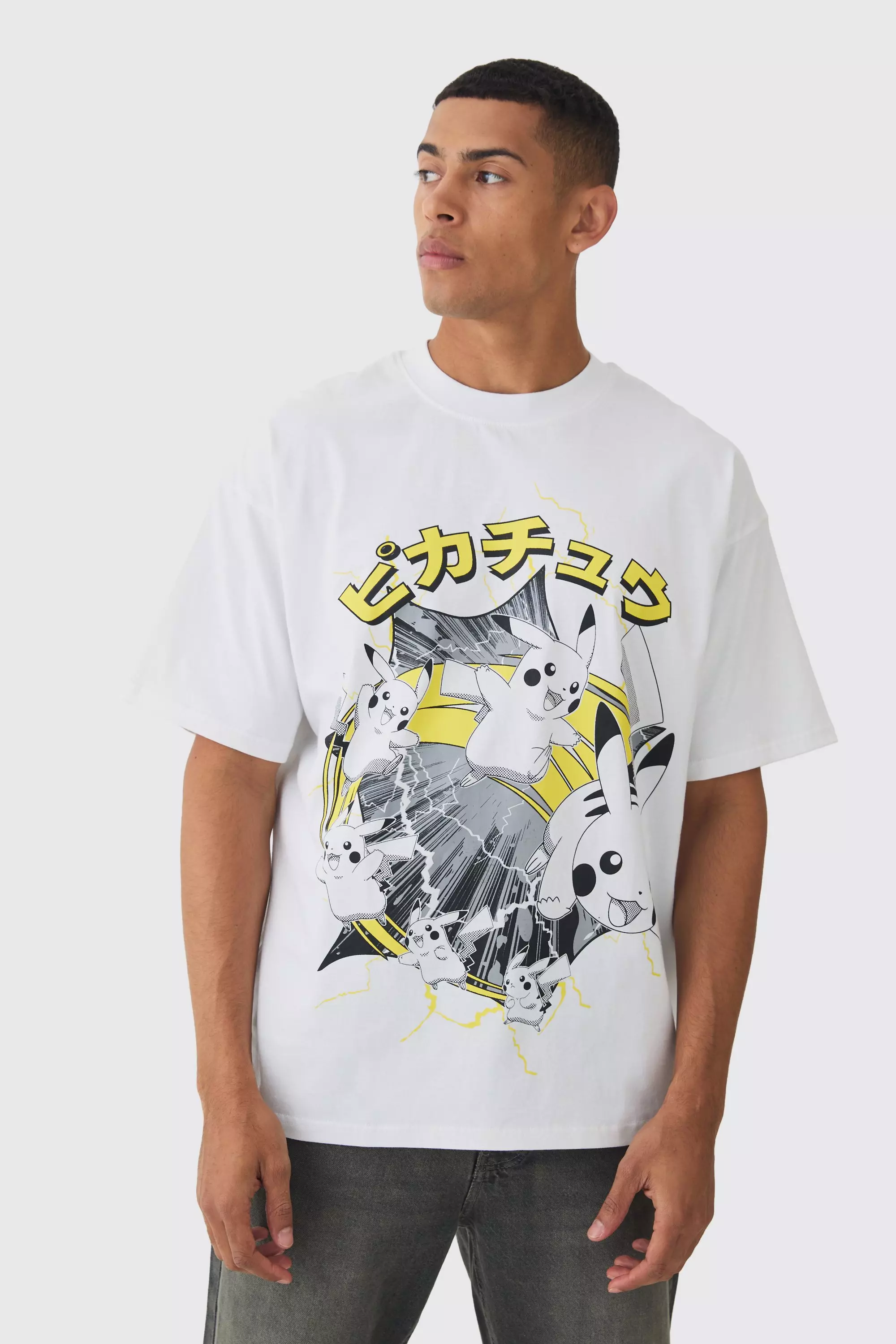 White Oversized Pokemon Extended Neck Pikachu License T-shirt