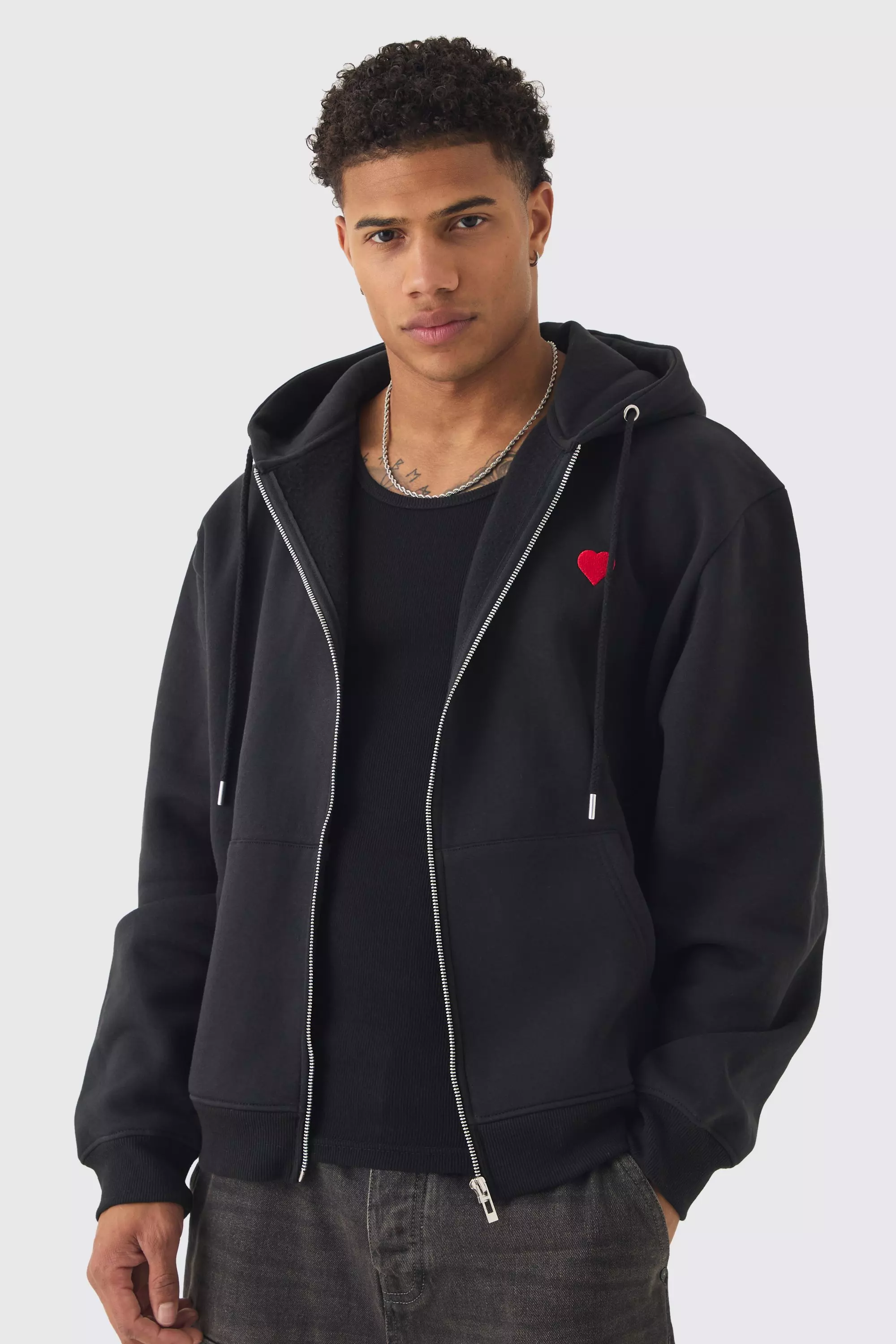 Black Oversized Boxy Zip Through Heart Embroidered Hoodie