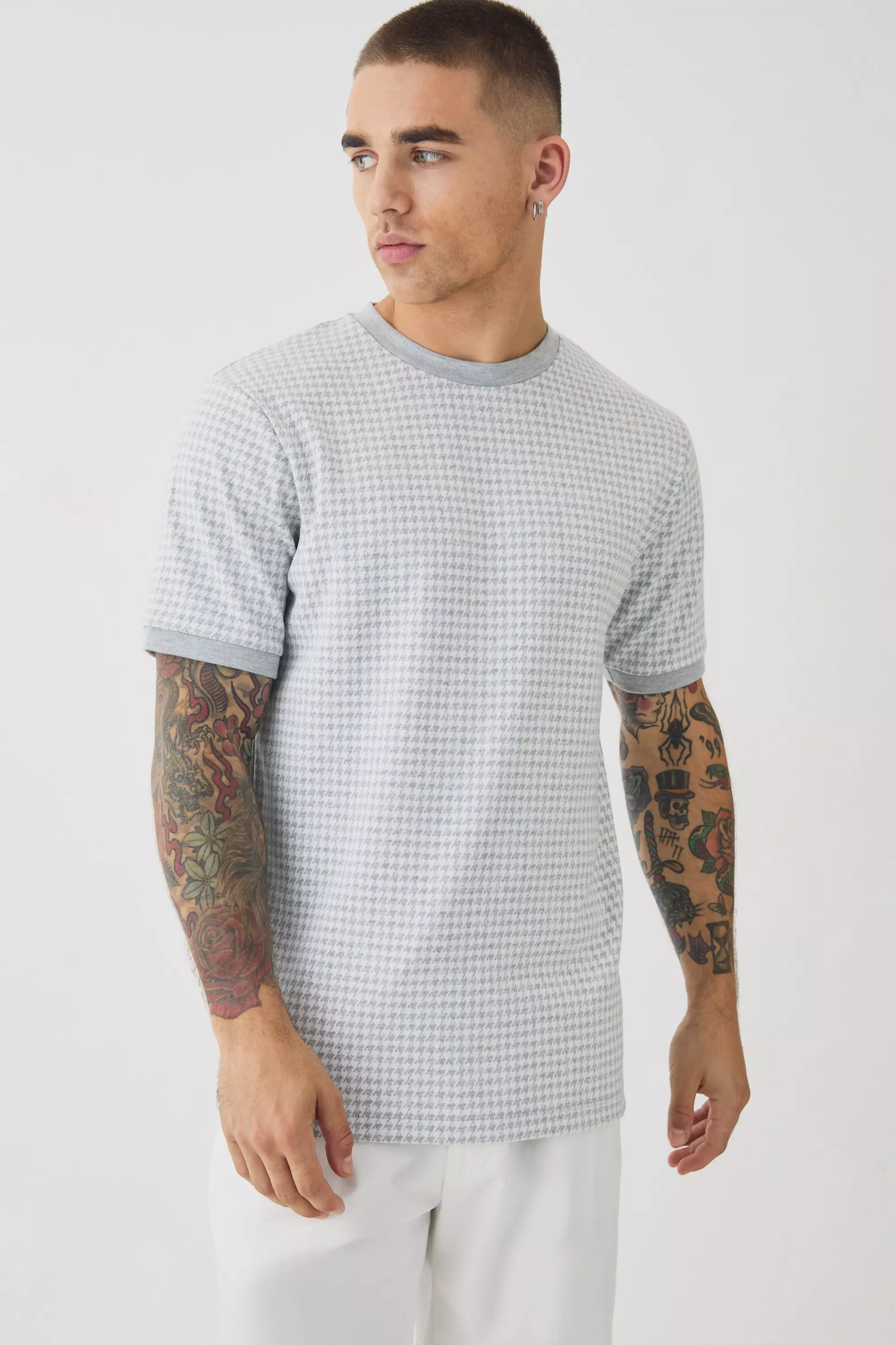 Smart Slim Dogtooth Jacquard Ringer T-shirt Light grey