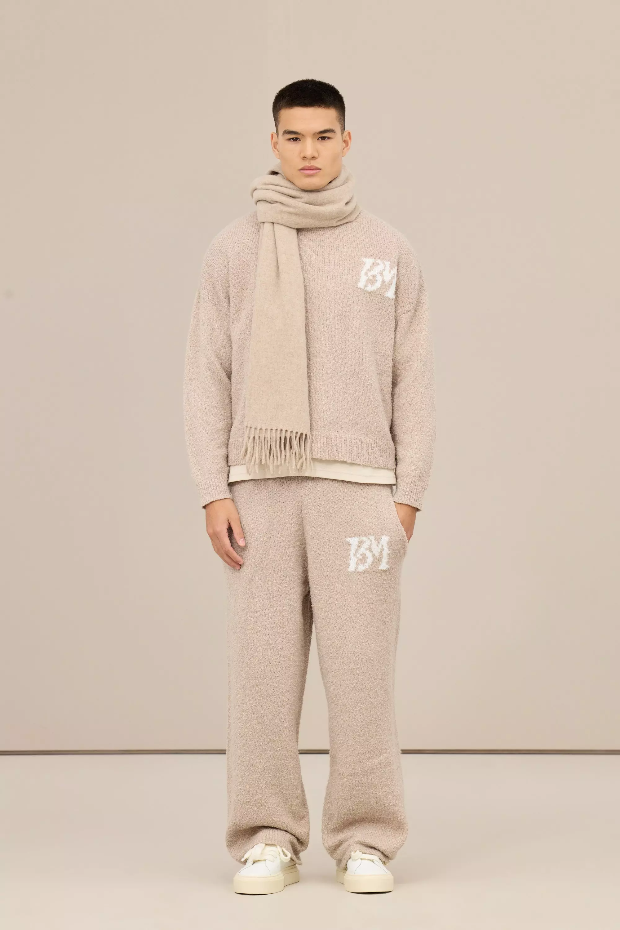 Brushed Boucle Knitted Branded Sweater Tracksuit Stone