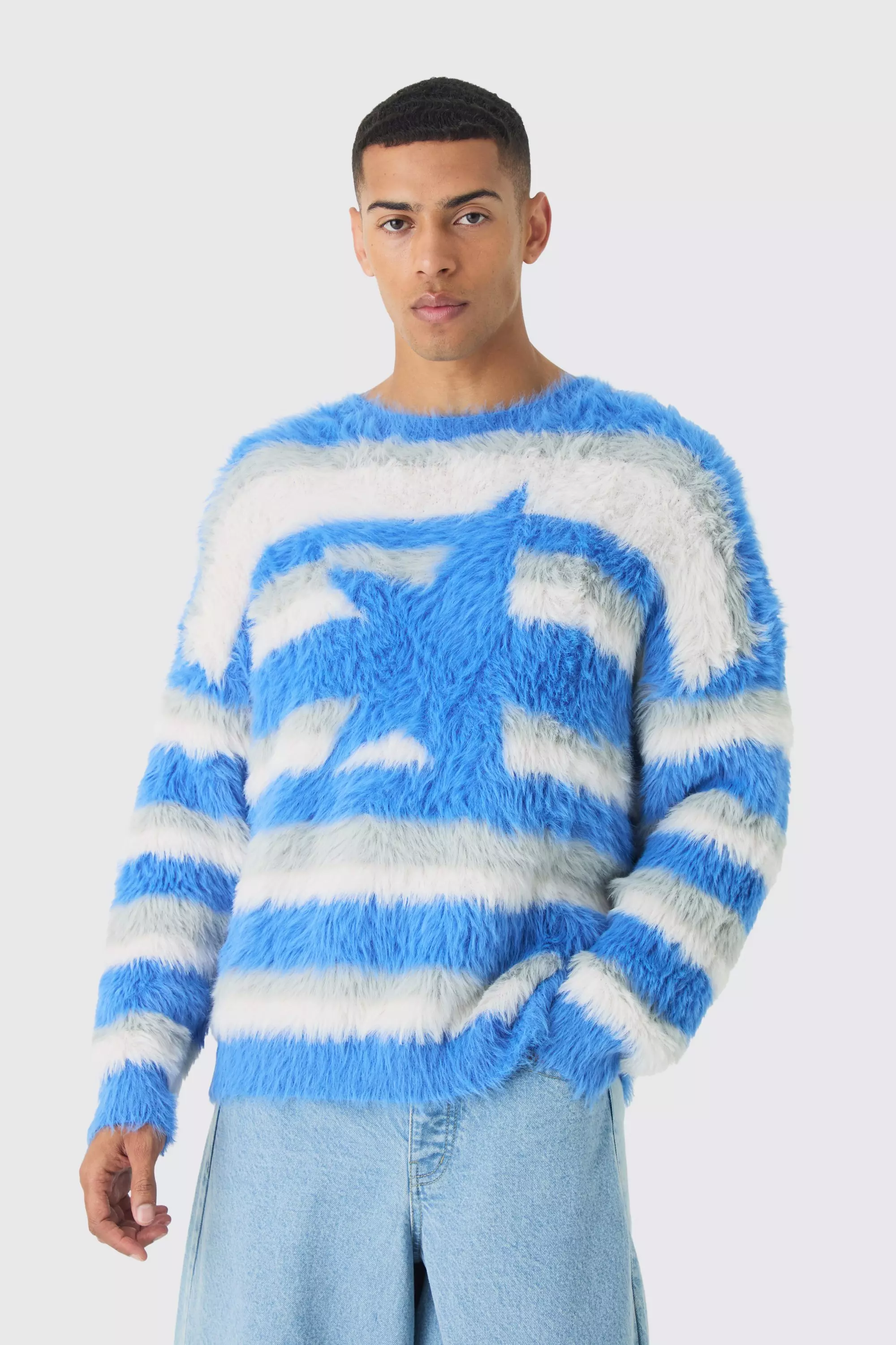 Oversized Boxy Super Fluffy Stripe Jumper Light blue