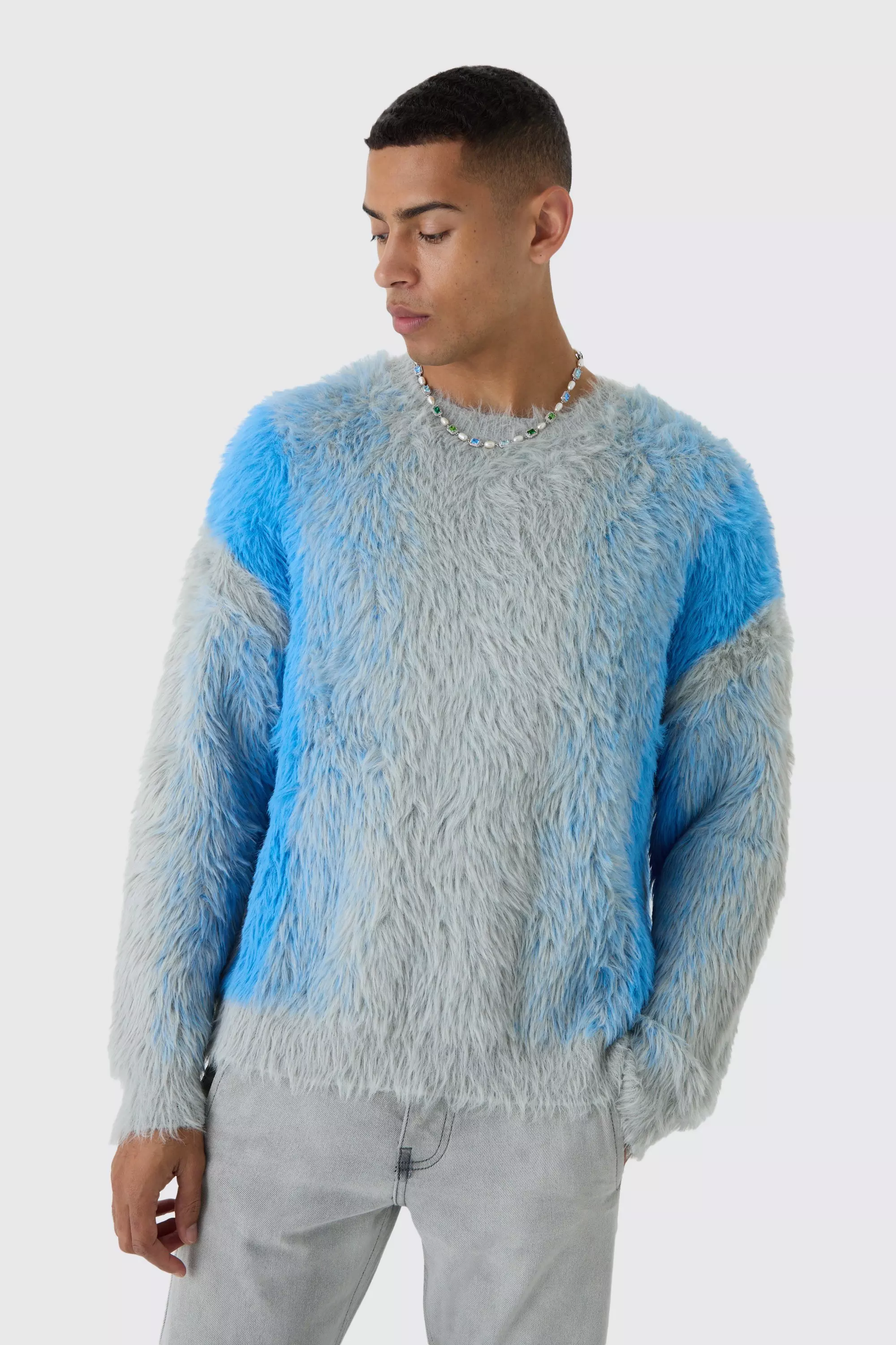 Oversized Drop Shoulder Dip Dye Stripe Knitted Sweater Light blue