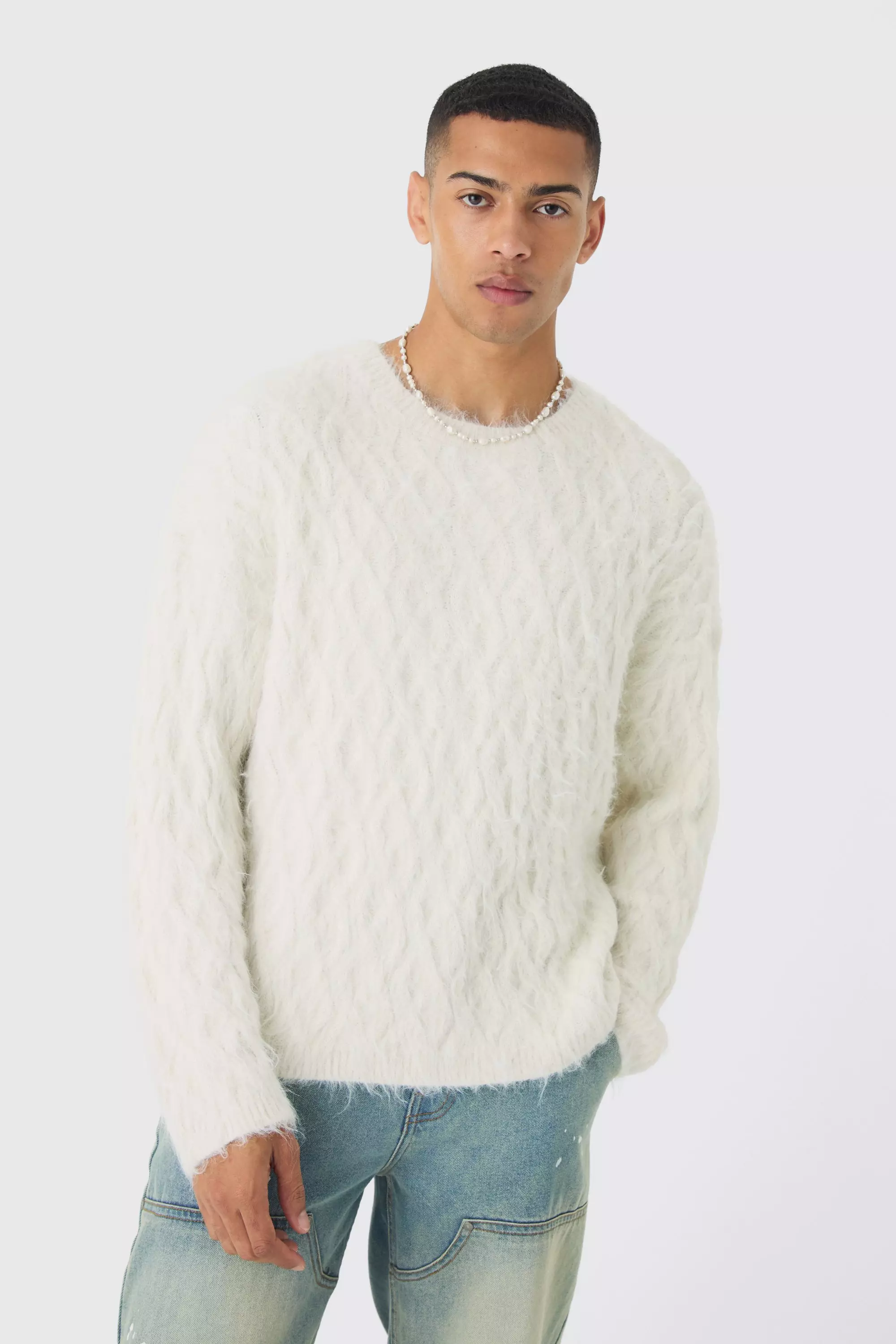 Drop Shoulder Super Brushed Cable Knit Sweater Stone