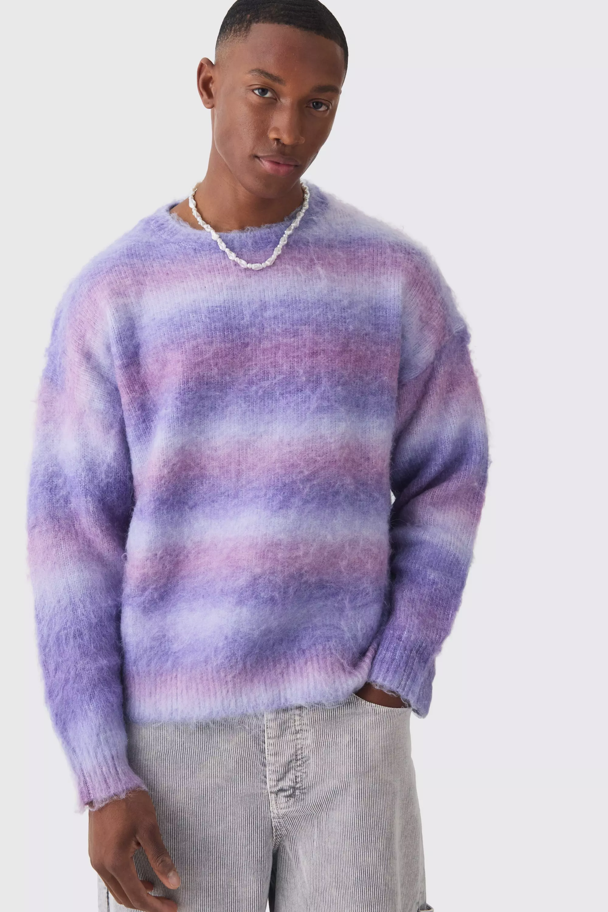 Oversized Boxy Brushed Stripe Knitted Jumper Purple