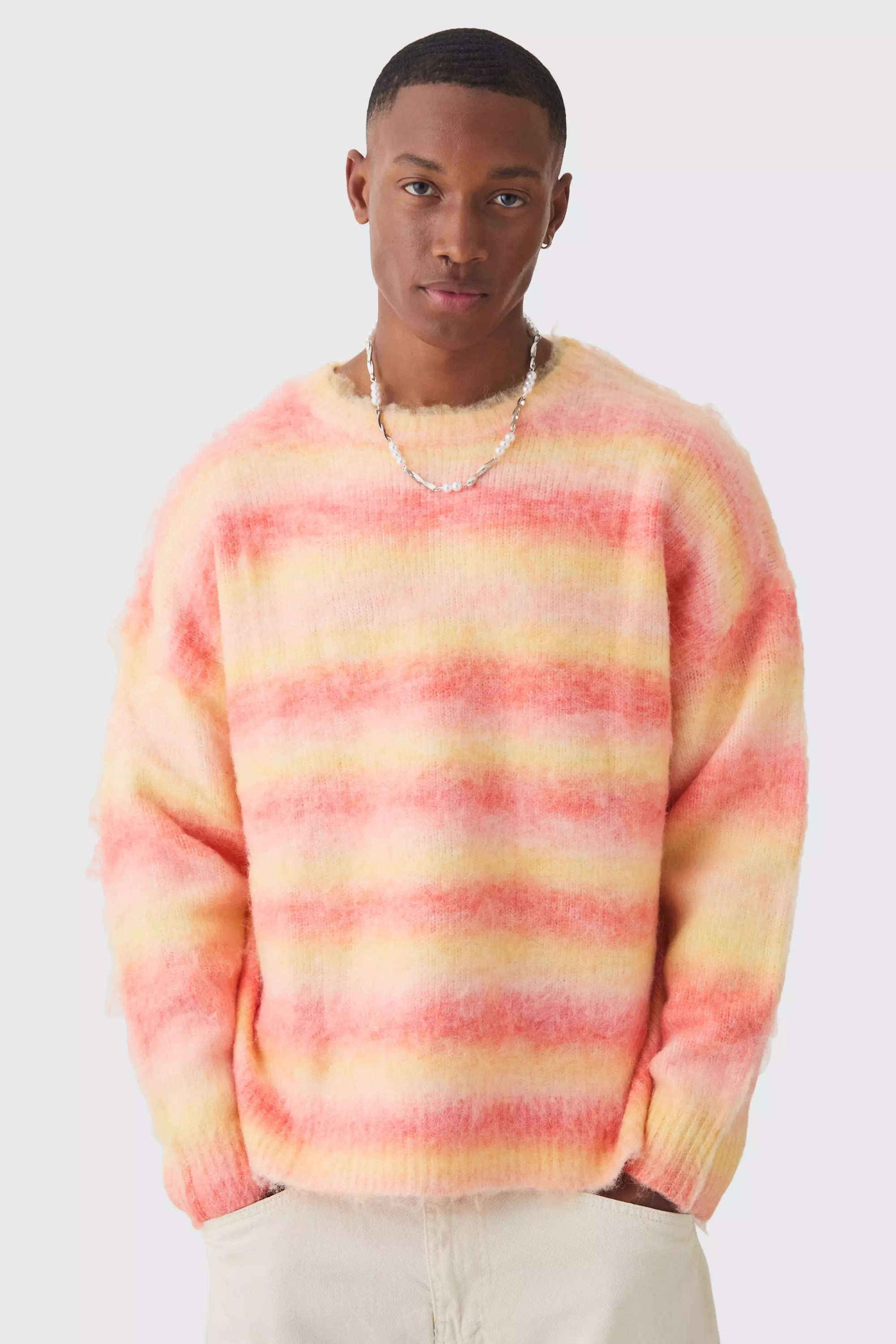 Oversized Boxy Brushed Stripe Knitted Jumper Orange