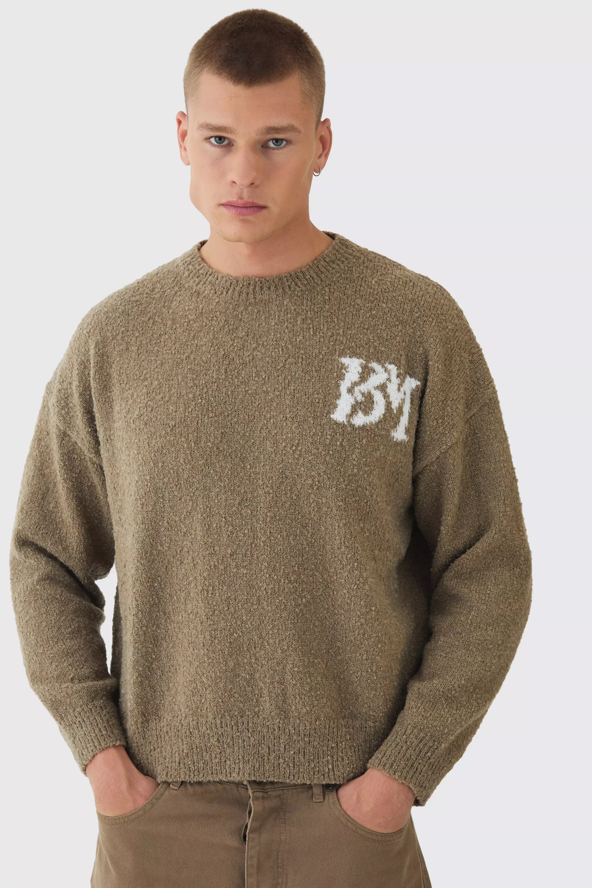 Boxy Fit Brushed Boucle Branded Knitted Sweater Khaki