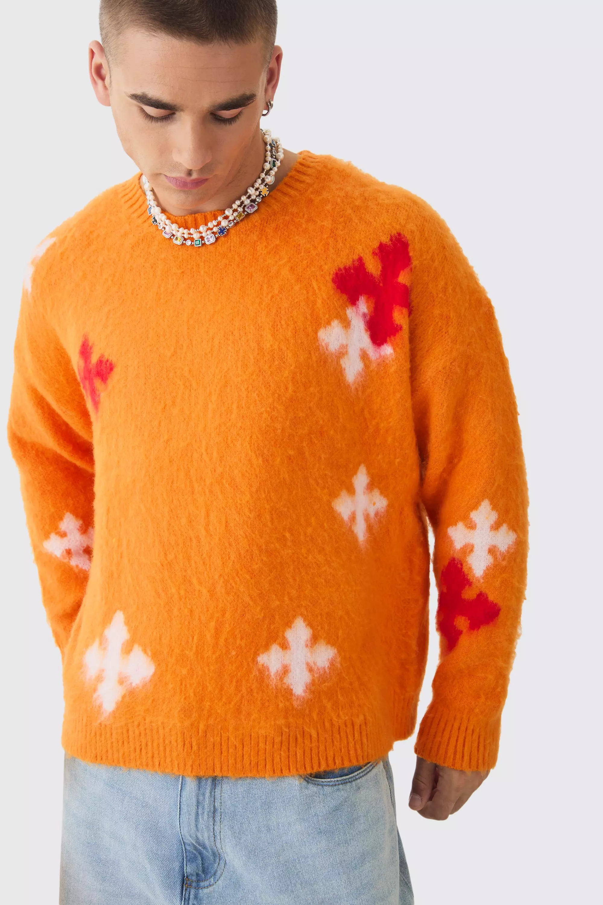 Oversized Boxy Cross Brushed Knitted Jumper Orange