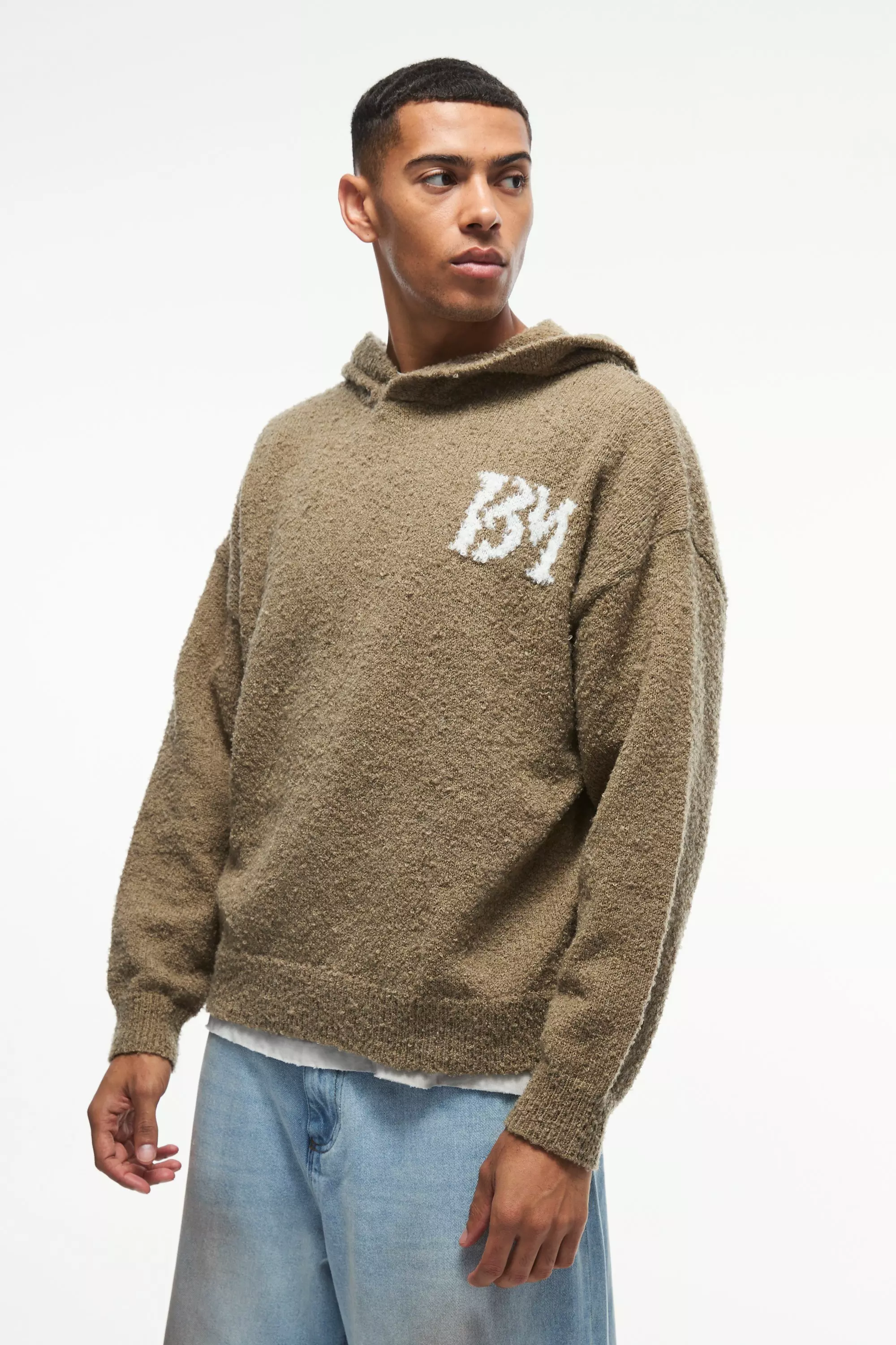 Khaki Regular Fit Brushed Boucle Branded Knitted Hoodie alternative image