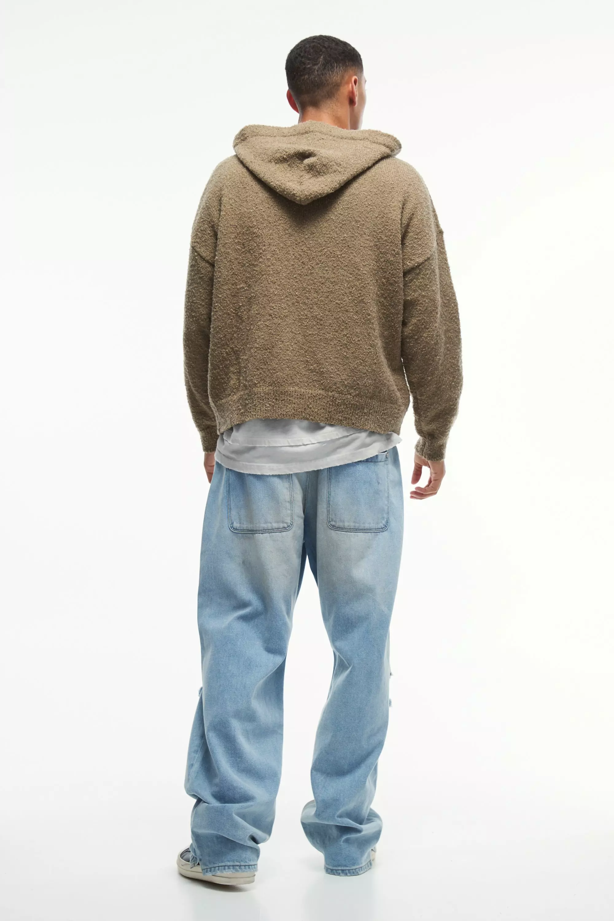 Khaki Regular Fit Brushed Boucle Branded Knitted Hoodie alternative image