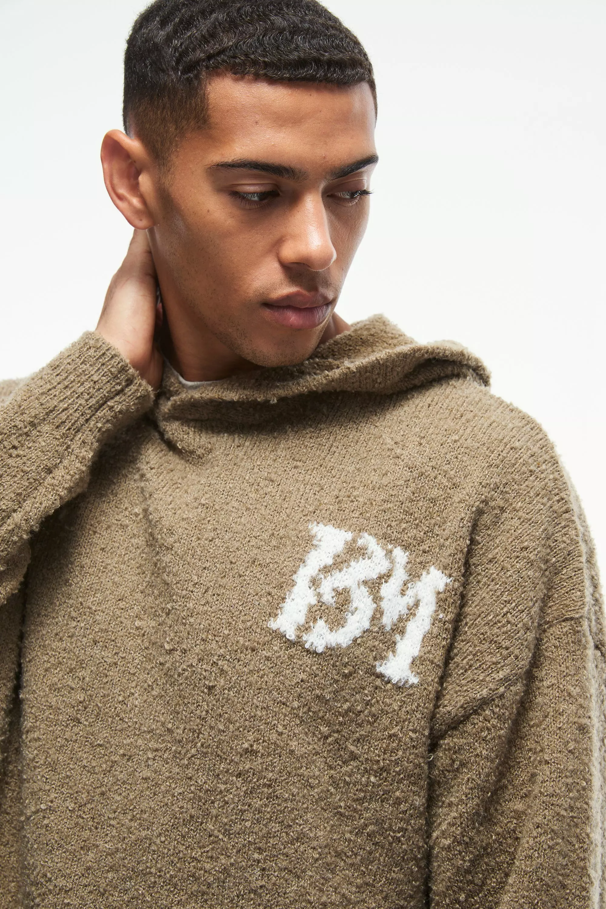 Khaki Regular Fit Brushed Boucle Branded Knitted Hoodie alternative image