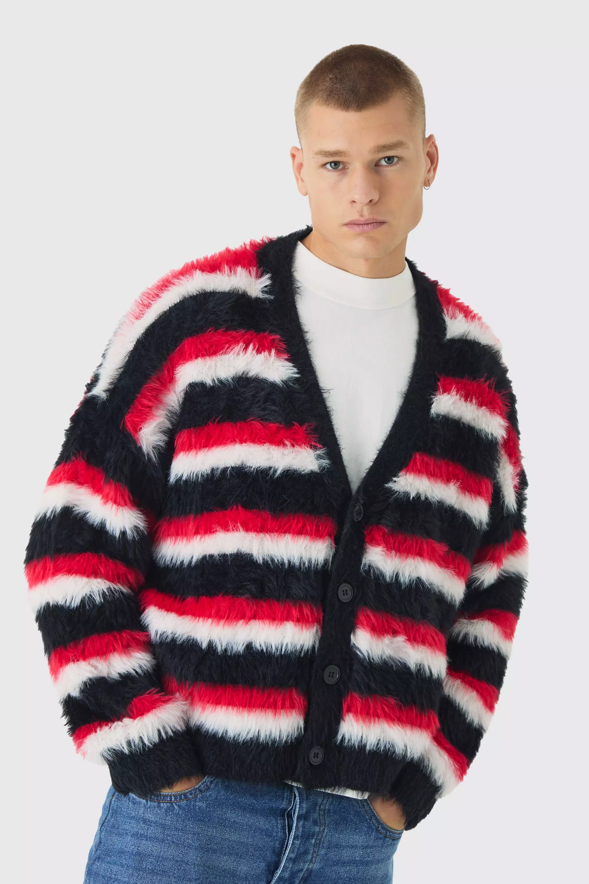 Oversized Boxy Super Fluffy Stripe Cardigan Red