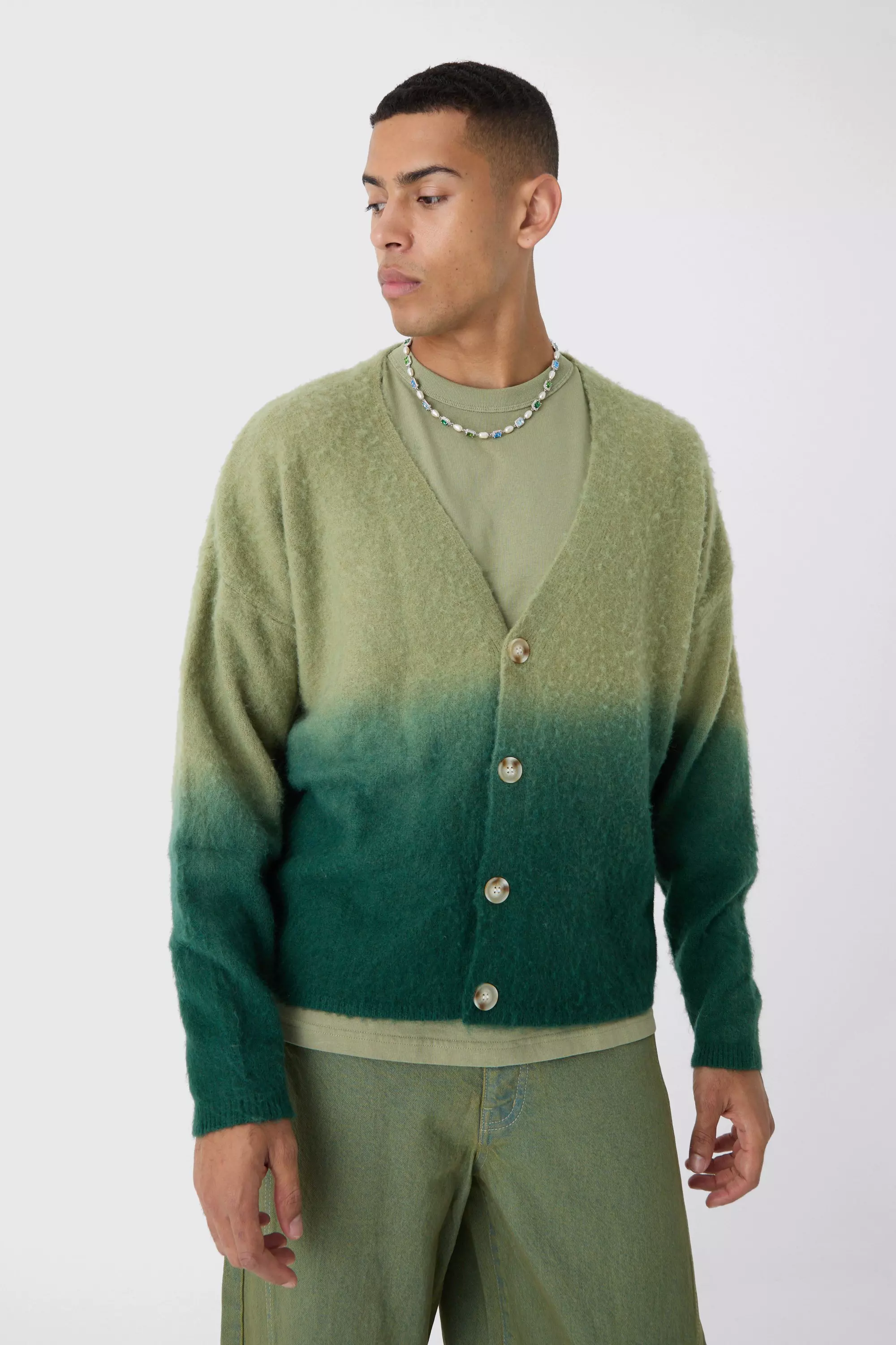 Oversized Boxy Brushed Dip Dye Knitted Cardigan Khaki