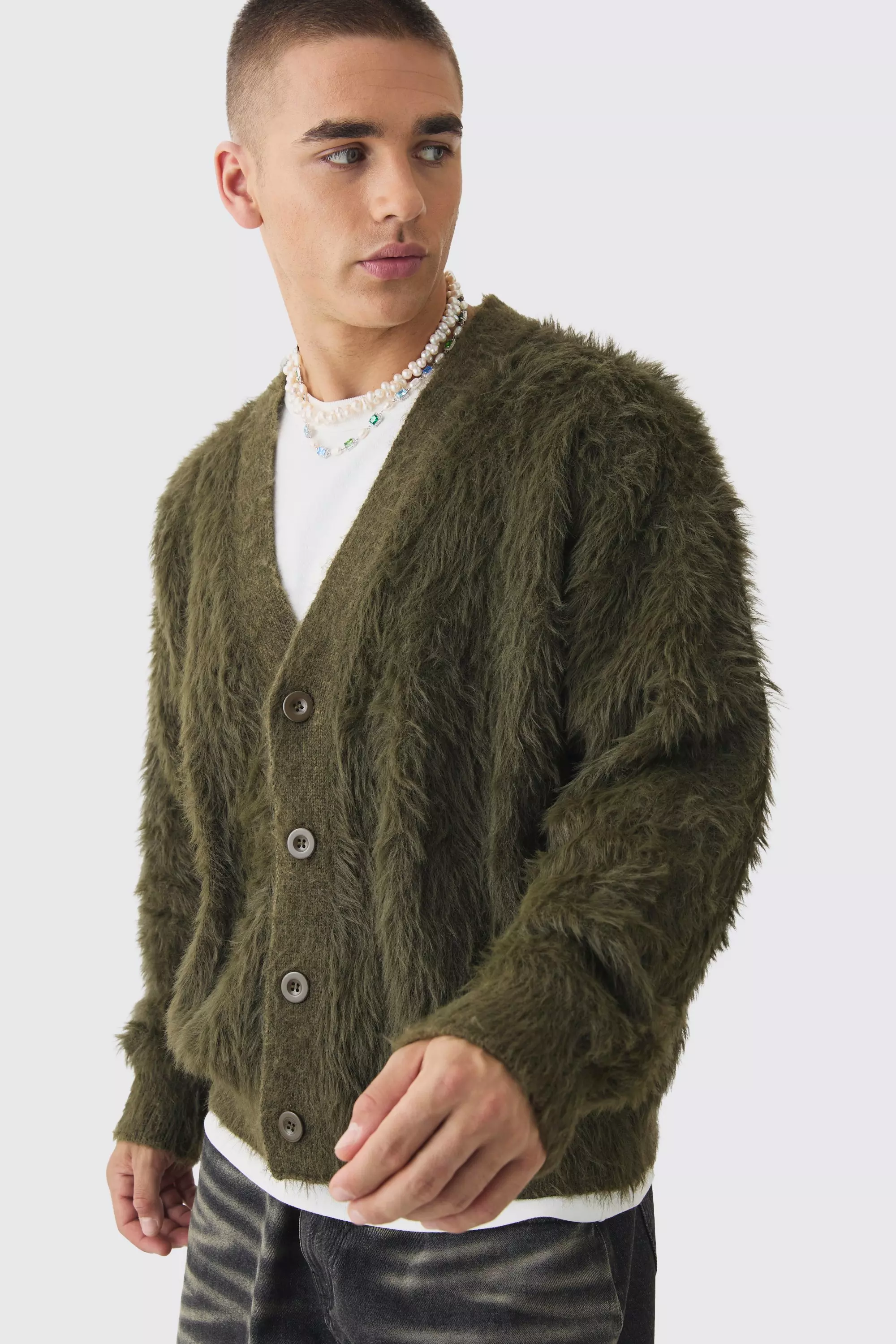 Oversized Boxy Super Fluffy Knitted Cardigan Khaki