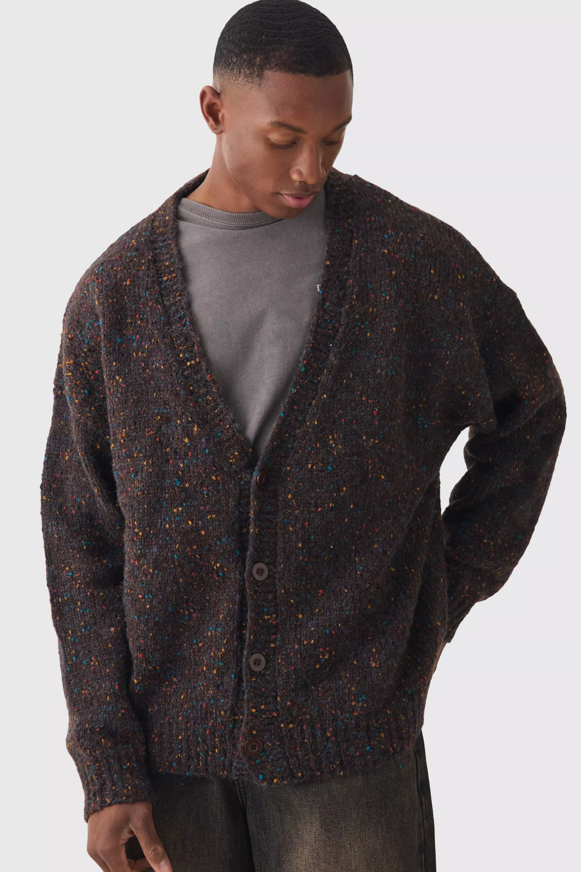 Oversized Textured Brushed Knitted Cardigan Chocolate