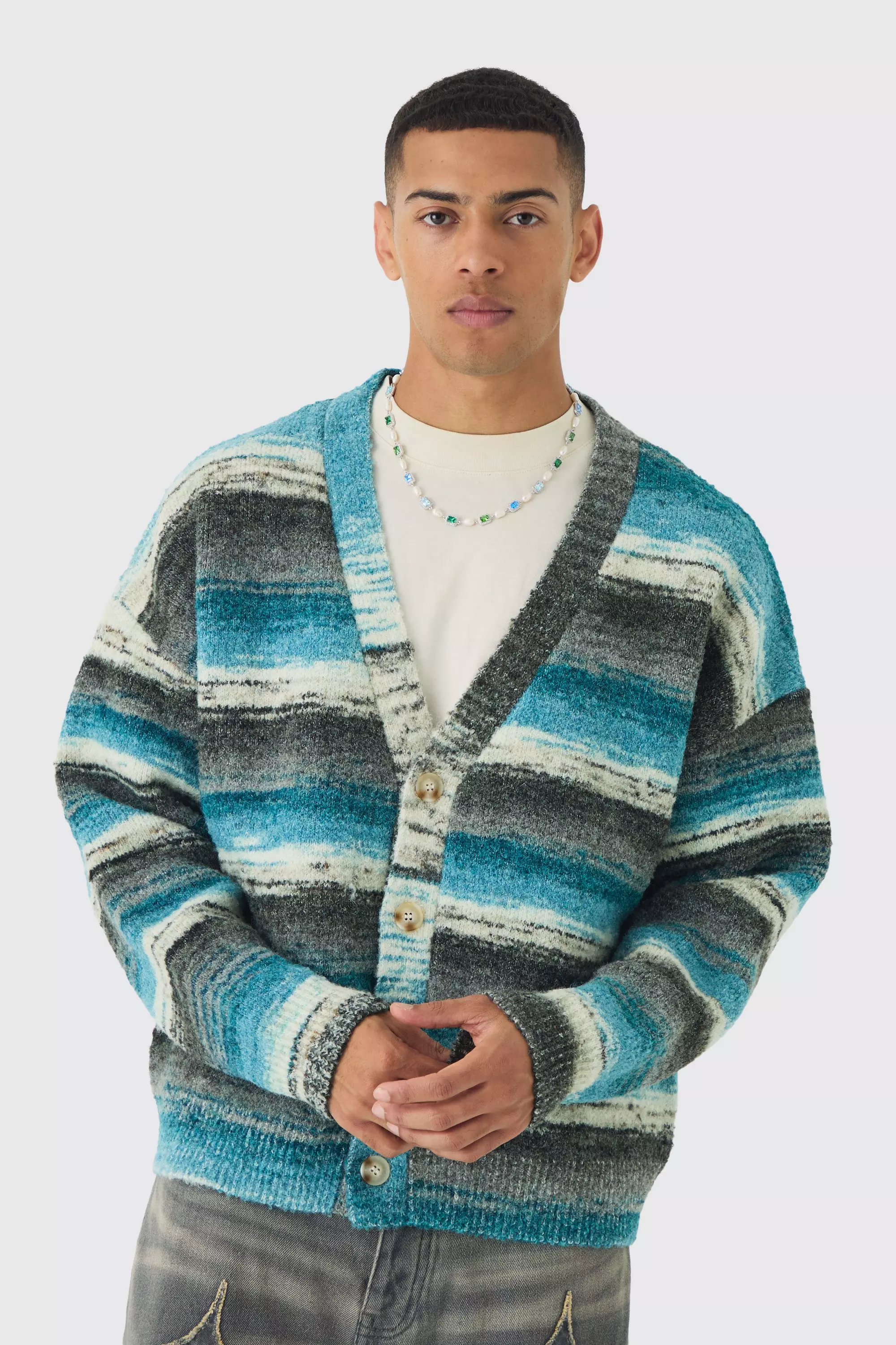 Oversized Boxy Abstract Stripe Knitted Cardigan Light blue