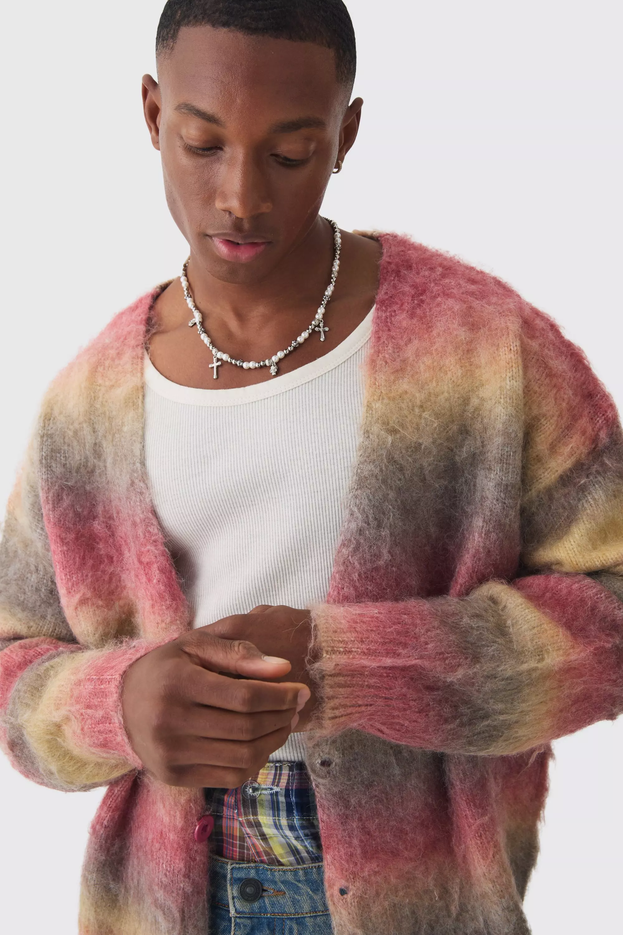 Oversized Boxy Brushed Stripe Knitted Cardigan boohooMAN UK