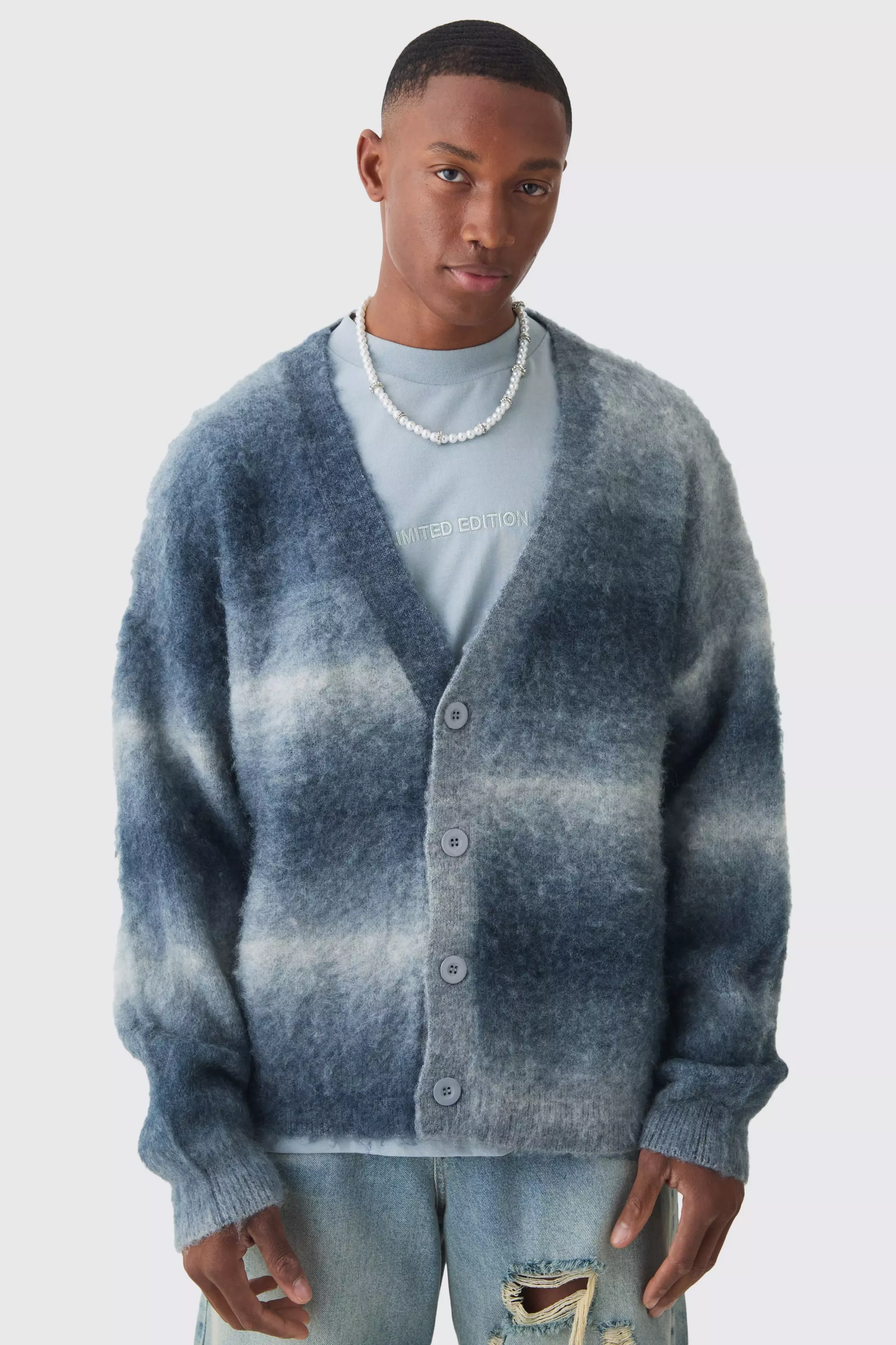 Oversized Boxy Ombre Knitted Cardigan Charcoal