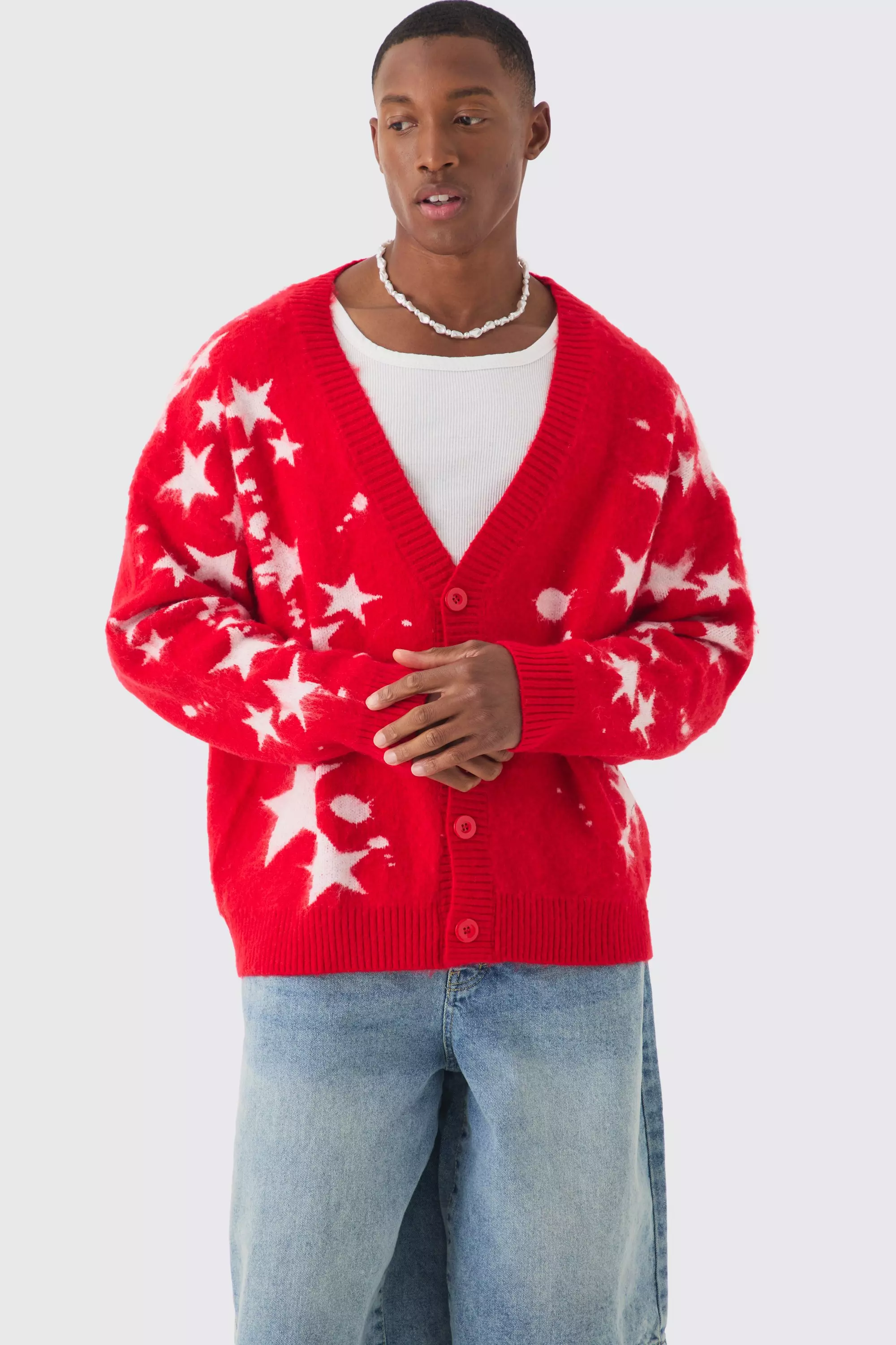 Oversized Boxy Star Brushed Knitted Cardigan Red