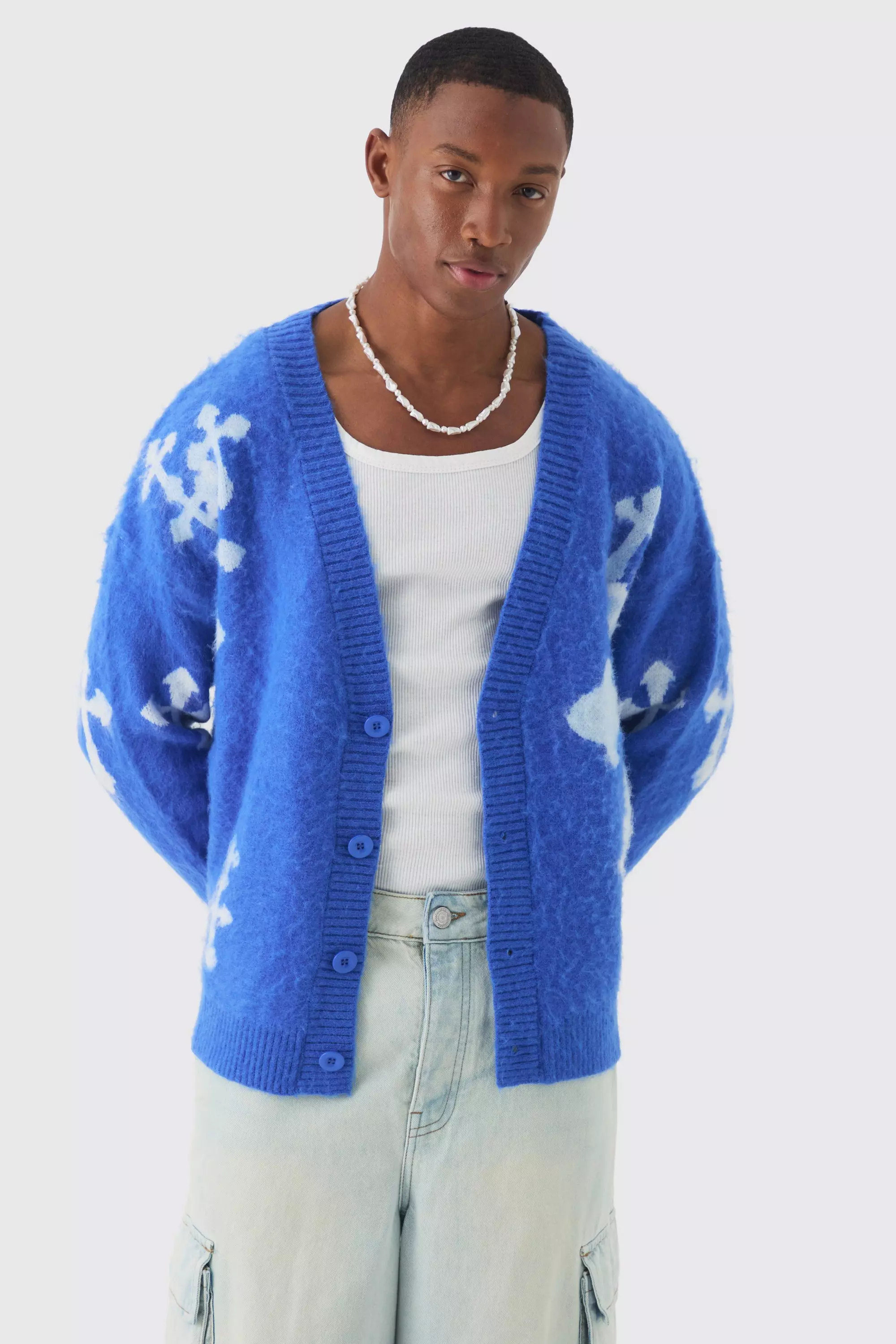 Oversized Boxy Cross Brushed Knitted Cardigan Cobalt