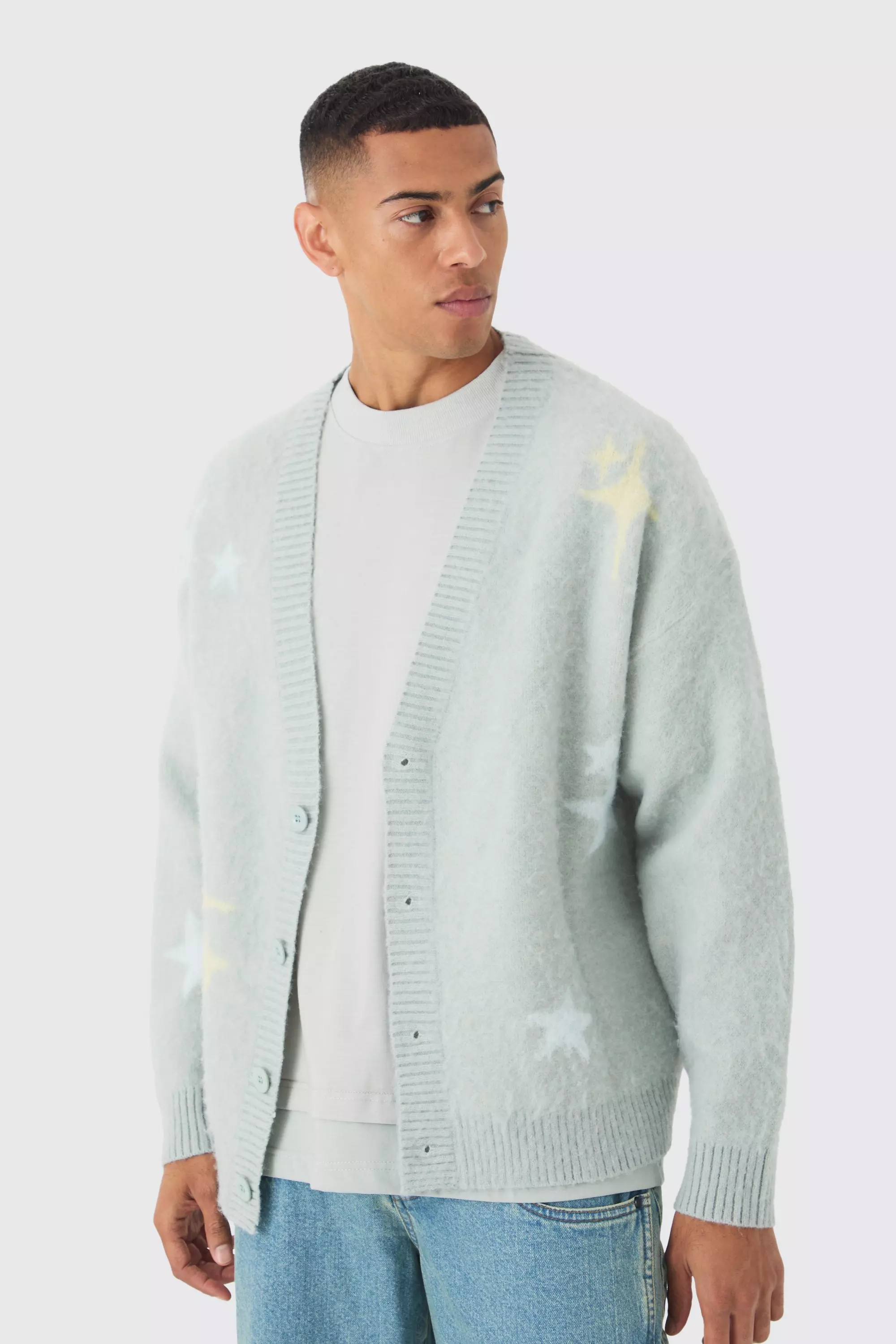 Oversized Boxy Star Brushed Knitted Cardigan Light blue